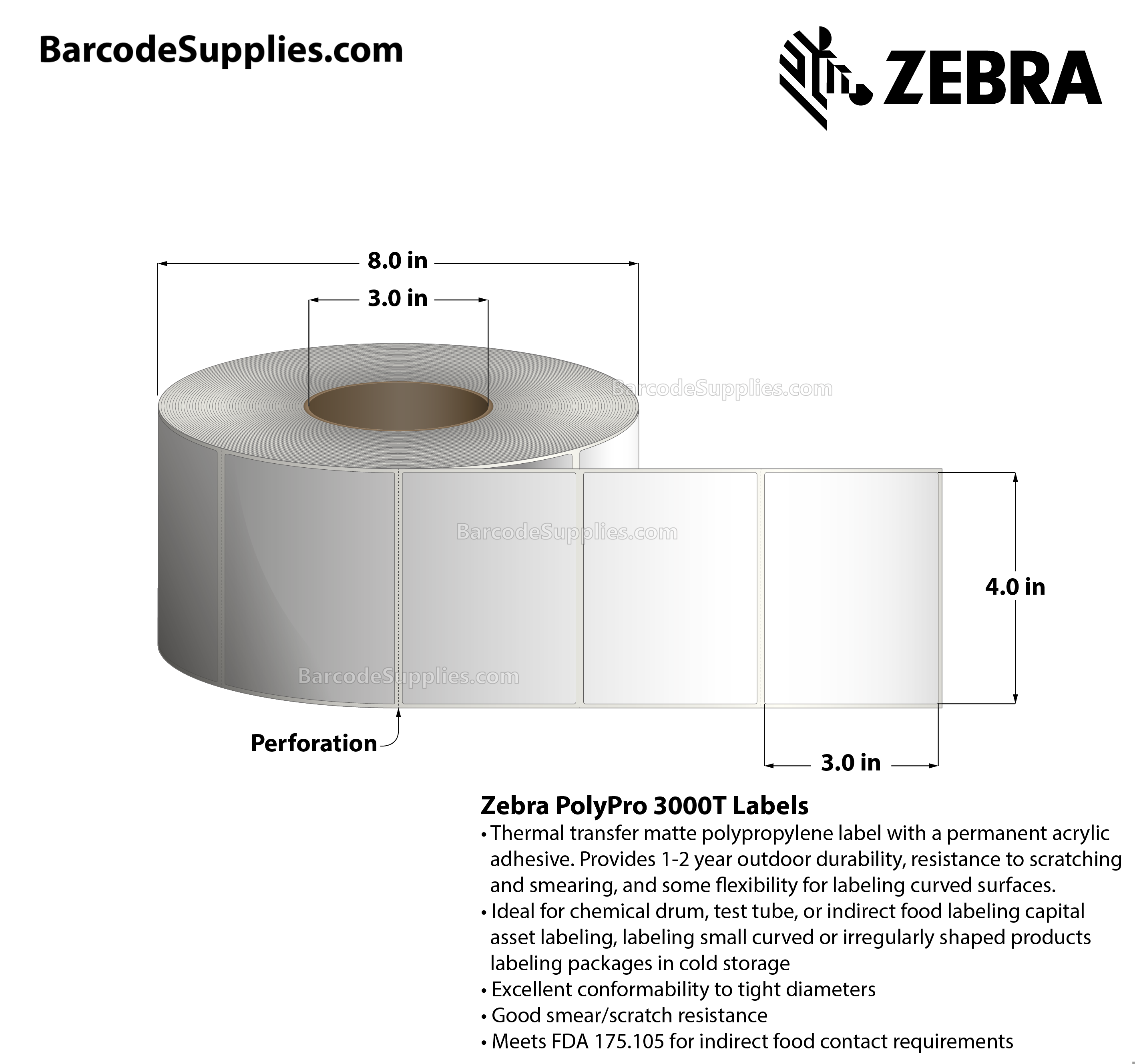 4 x 3 Thermal Transfer White PolyPro 3000T Labels With Permanent Adhesive - Perforated - 1000 Labels Per Roll - Carton Of 1 Rolls - 1000 Labels Total - MPN: 10023336