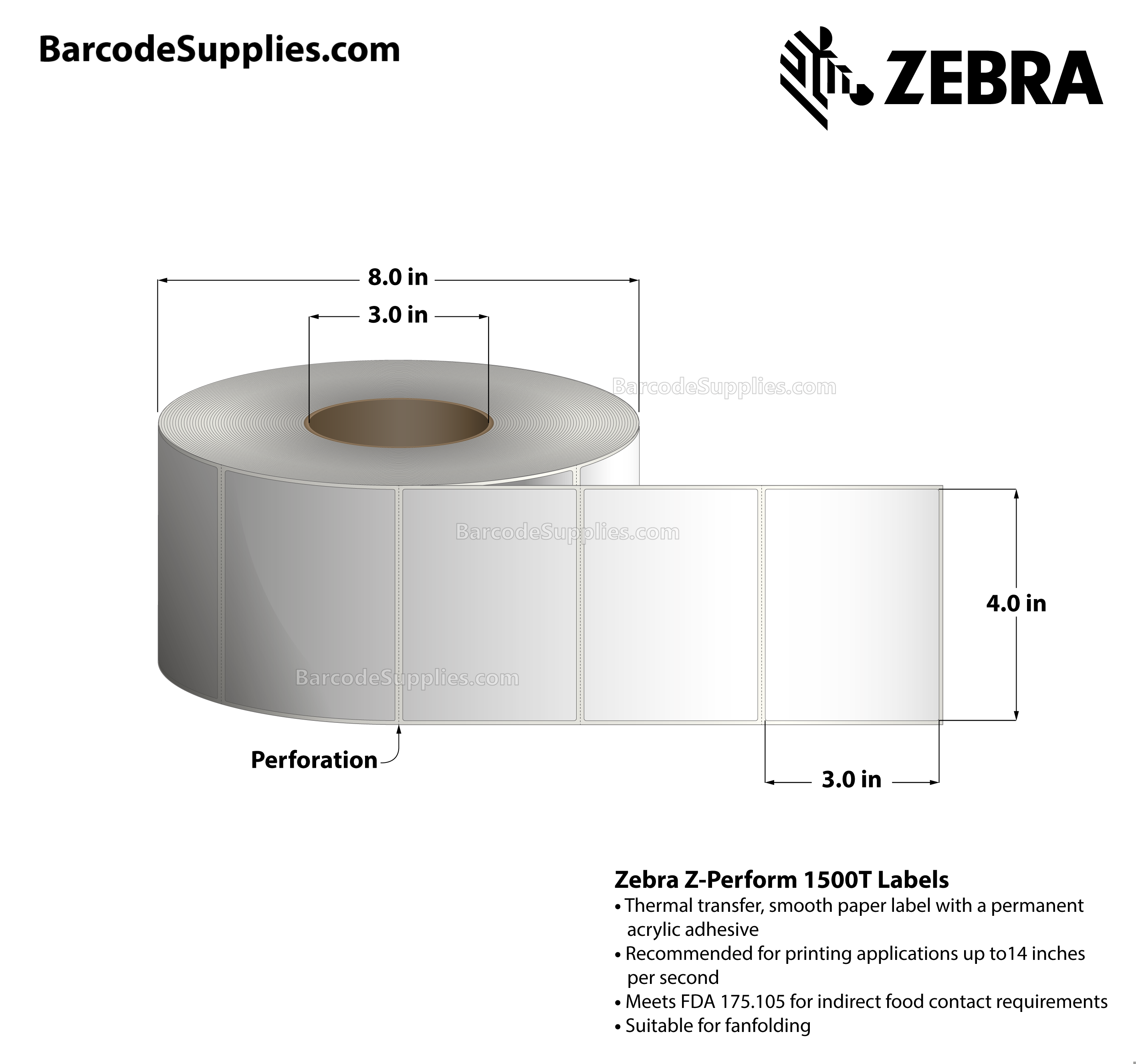 4 x 3 Thermal Transfer White Z-Perform 1500T Labels With Permanent Adhesive - Perforated - 2000 Labels Per Roll - Carton Of 4 Rolls - 8000 Labels Total - MPN: 10018349