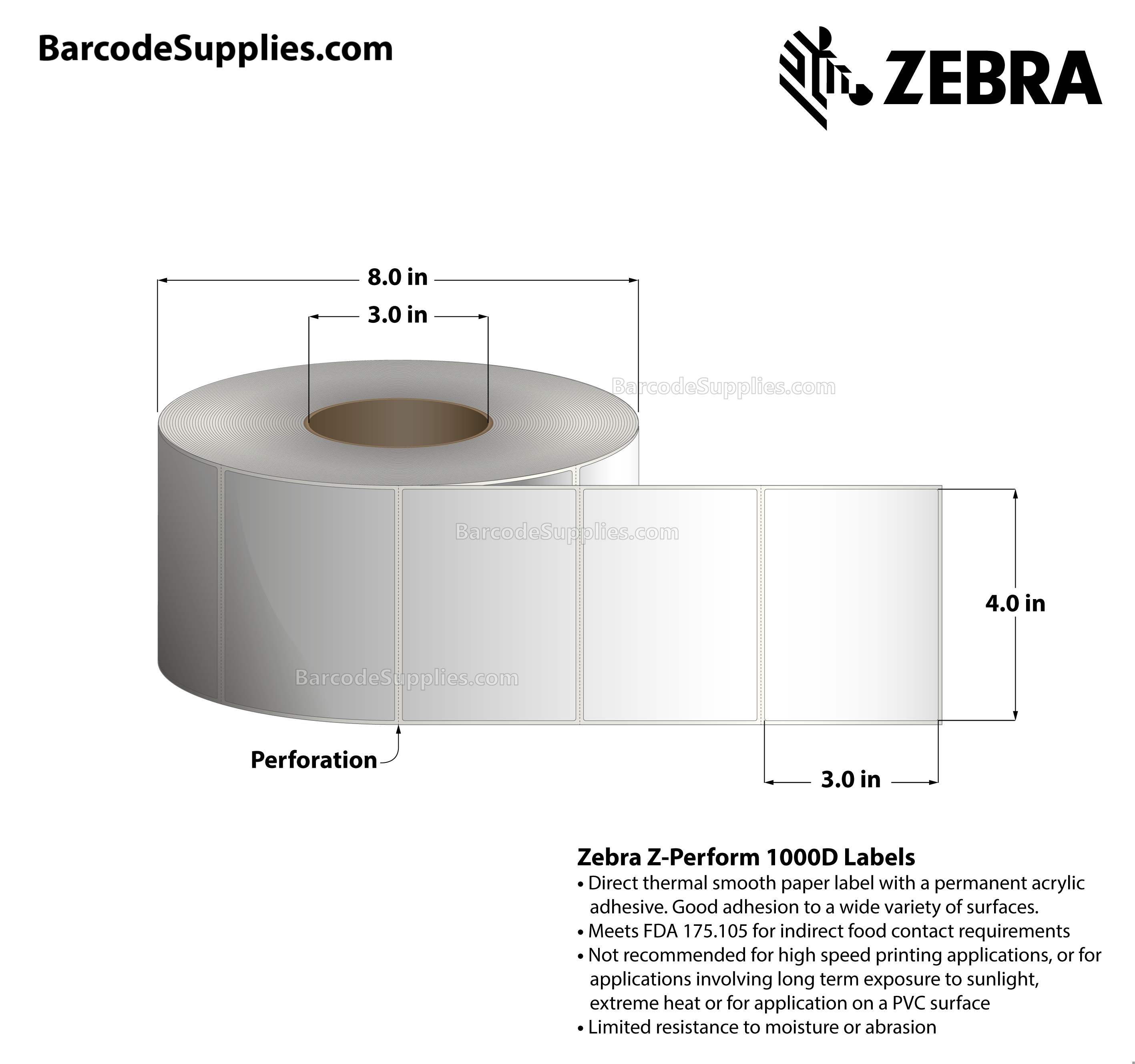Products 4 x 3 Direct Thermal White Z-Perform 1000D Labels With Permanent Adhesive - Perforated - 2000 Labels Per Roll - Carton Of 4 Rolls - 8000 Labels Total - MPN: 10000302
