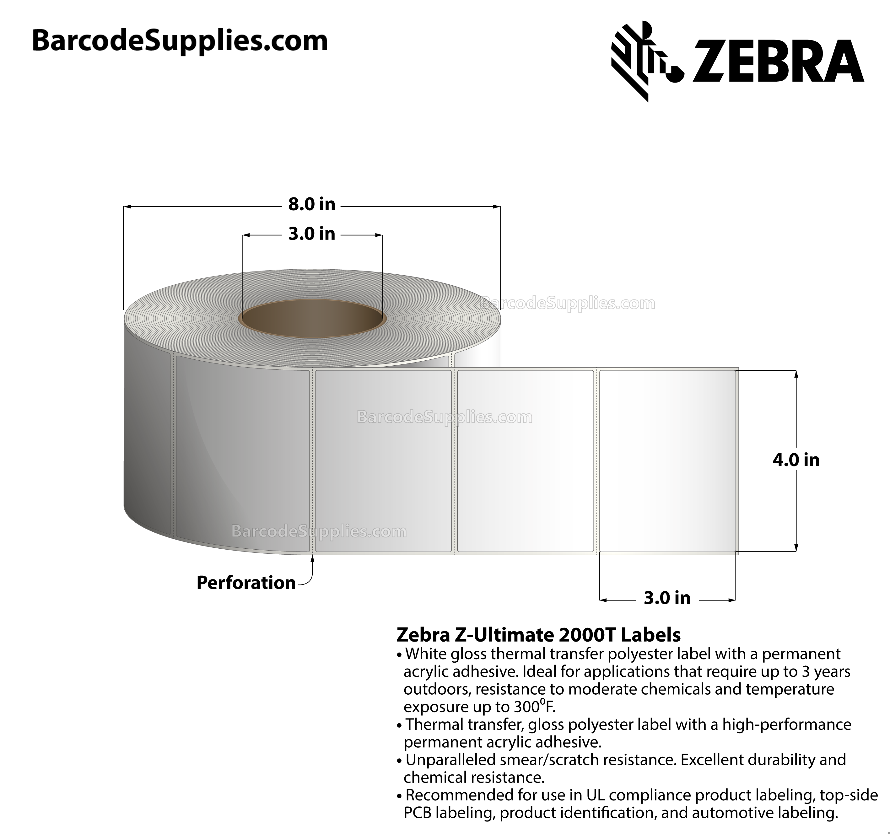 4 x 3 Thermal Transfer White Z-Ultimate 2000T Labels With Permanent Adhesive - Perforated - 2000 Labels Per Roll - Carton Of 4 Rolls - 8000 Labels Total - MPN: 10017521