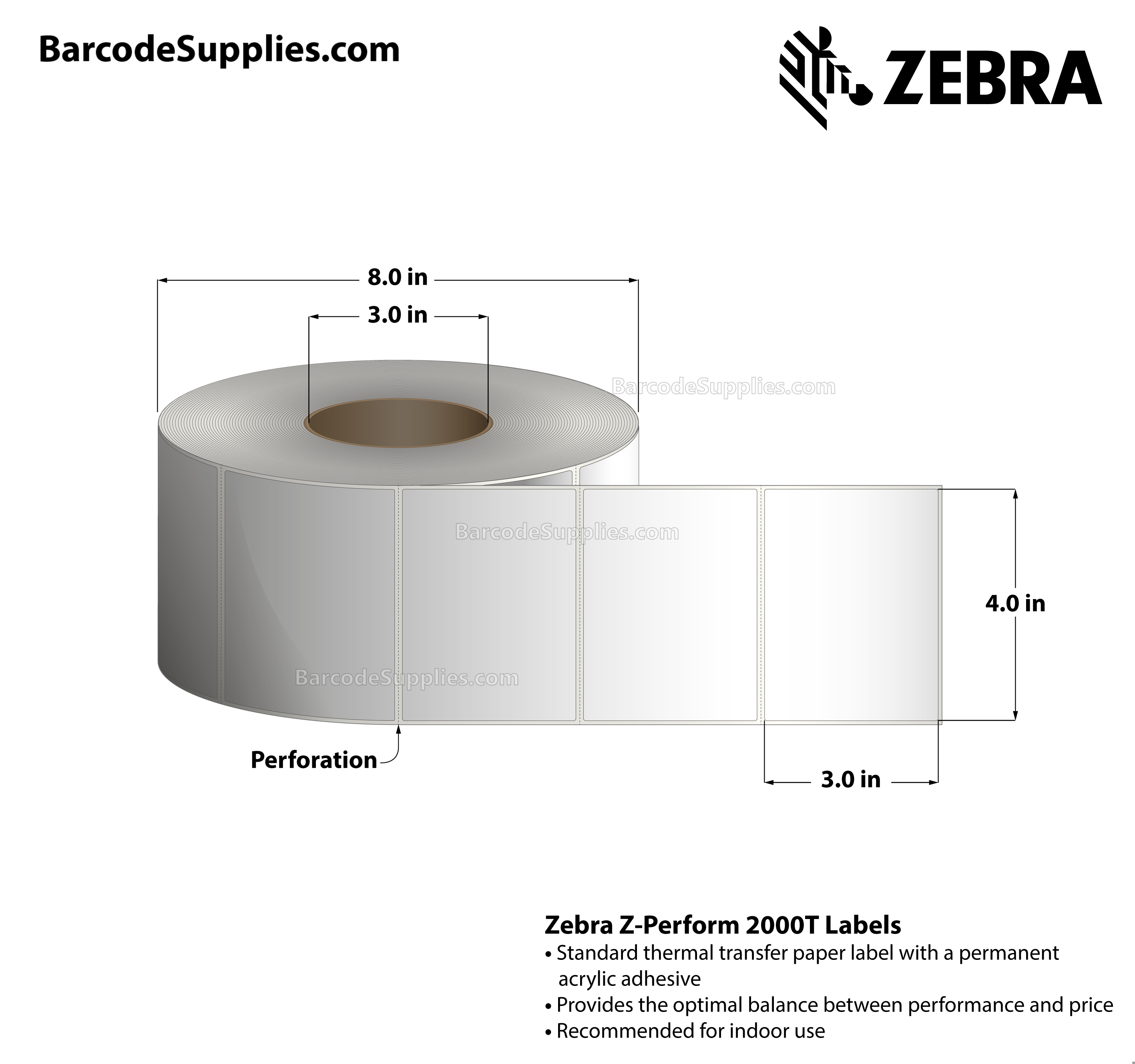 4 x 3 Thermal Transfer White Z-Perform 2000T Labels With Permanent Adhesive - Perforated - 2000 Labels Per Roll - Carton Of 4 Rolls - 8000 Labels Total - MPN: 10000284