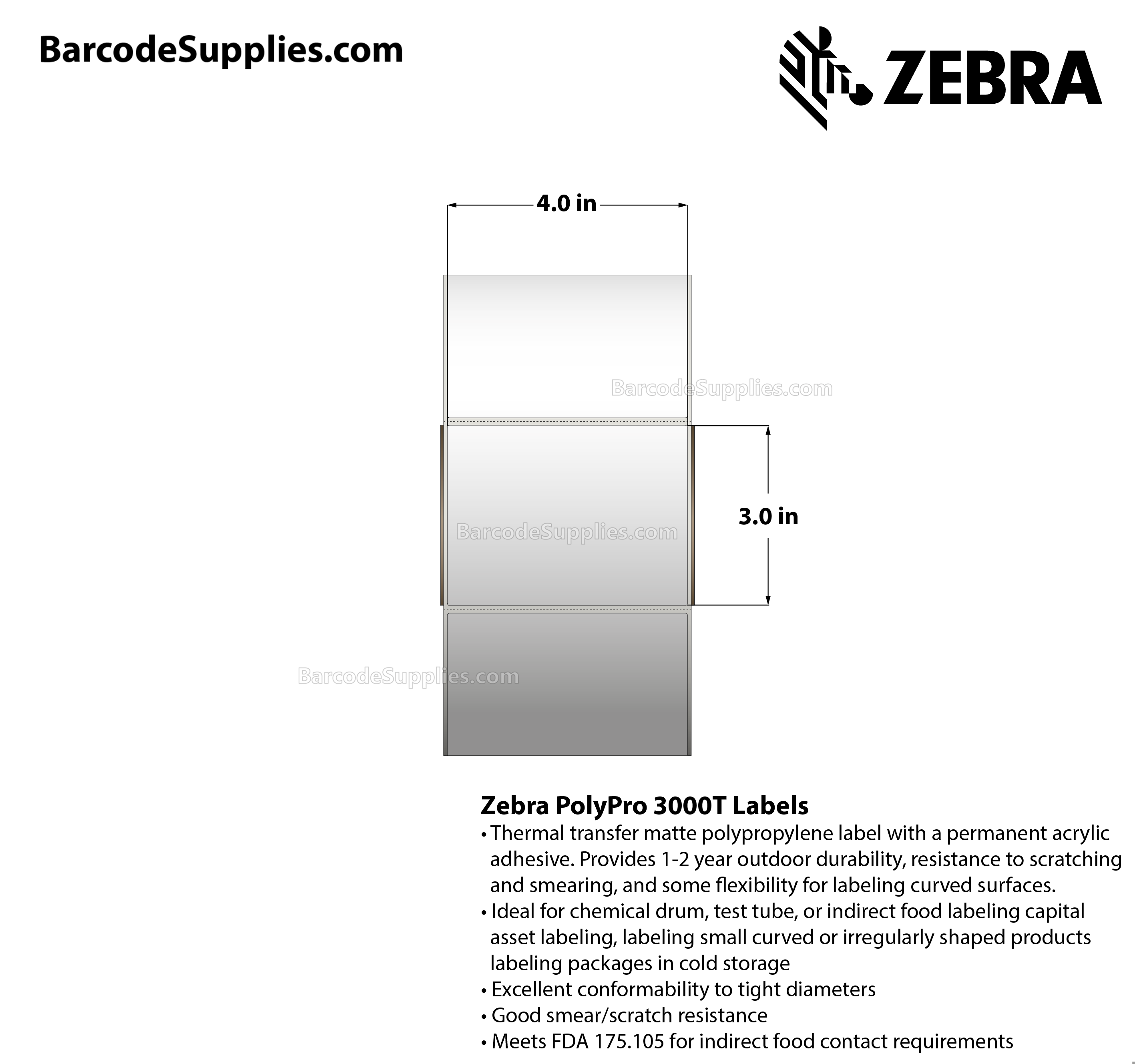 4 x 3 Thermal Transfer White PolyPro 3000T Labels With Permanent Adhesive - Perforated - 1000 Labels Per Roll - Carton Of 1 Rolls - 1000 Labels Total - MPN: 10023336