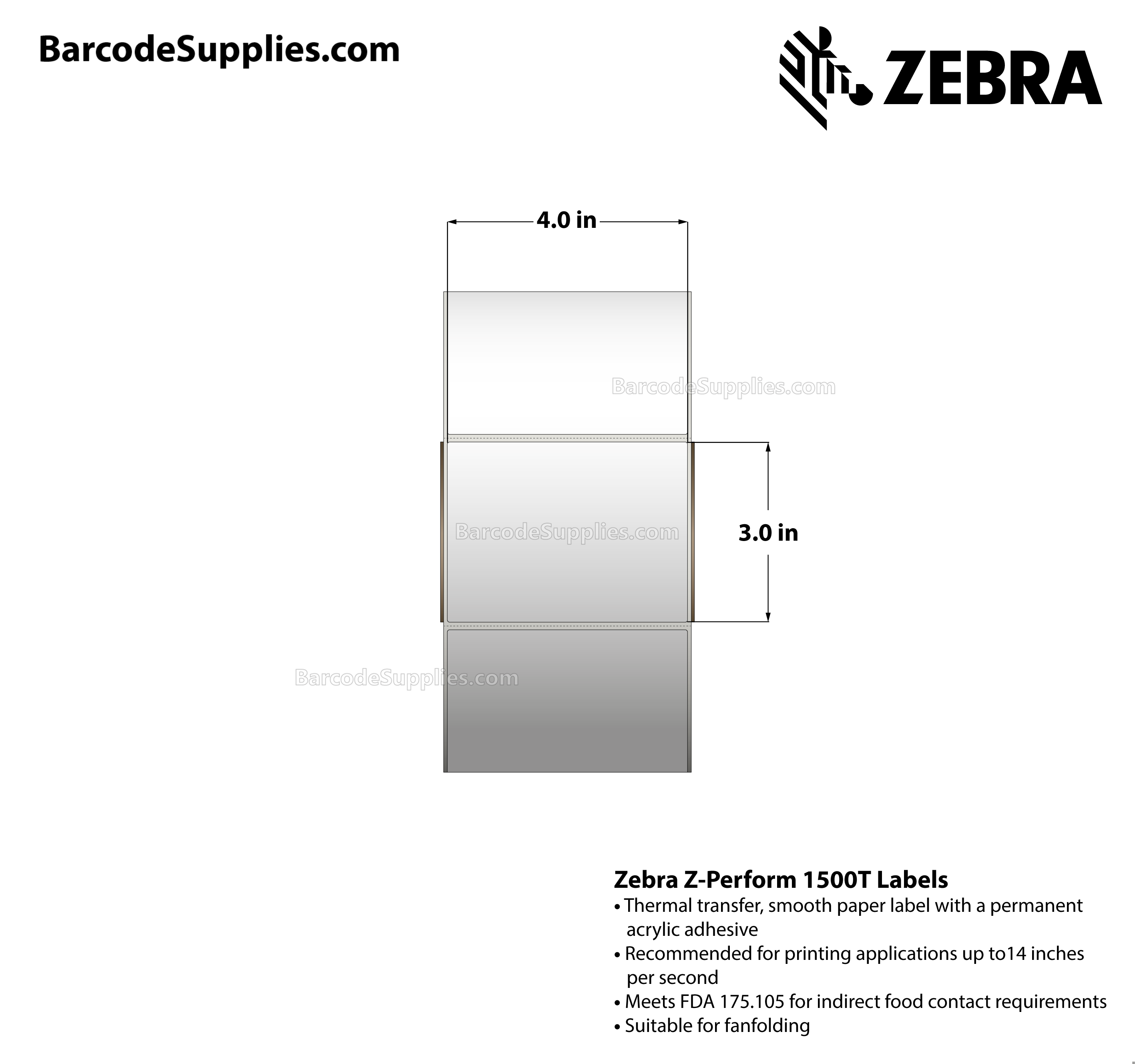 4 x 3 Thermal Transfer White Z-Perform 1500T Labels With Permanent Adhesive - Perforated - 2000 Labels Per Roll - Carton Of 4 Rolls - 8000 Labels Total - MPN: 10018349