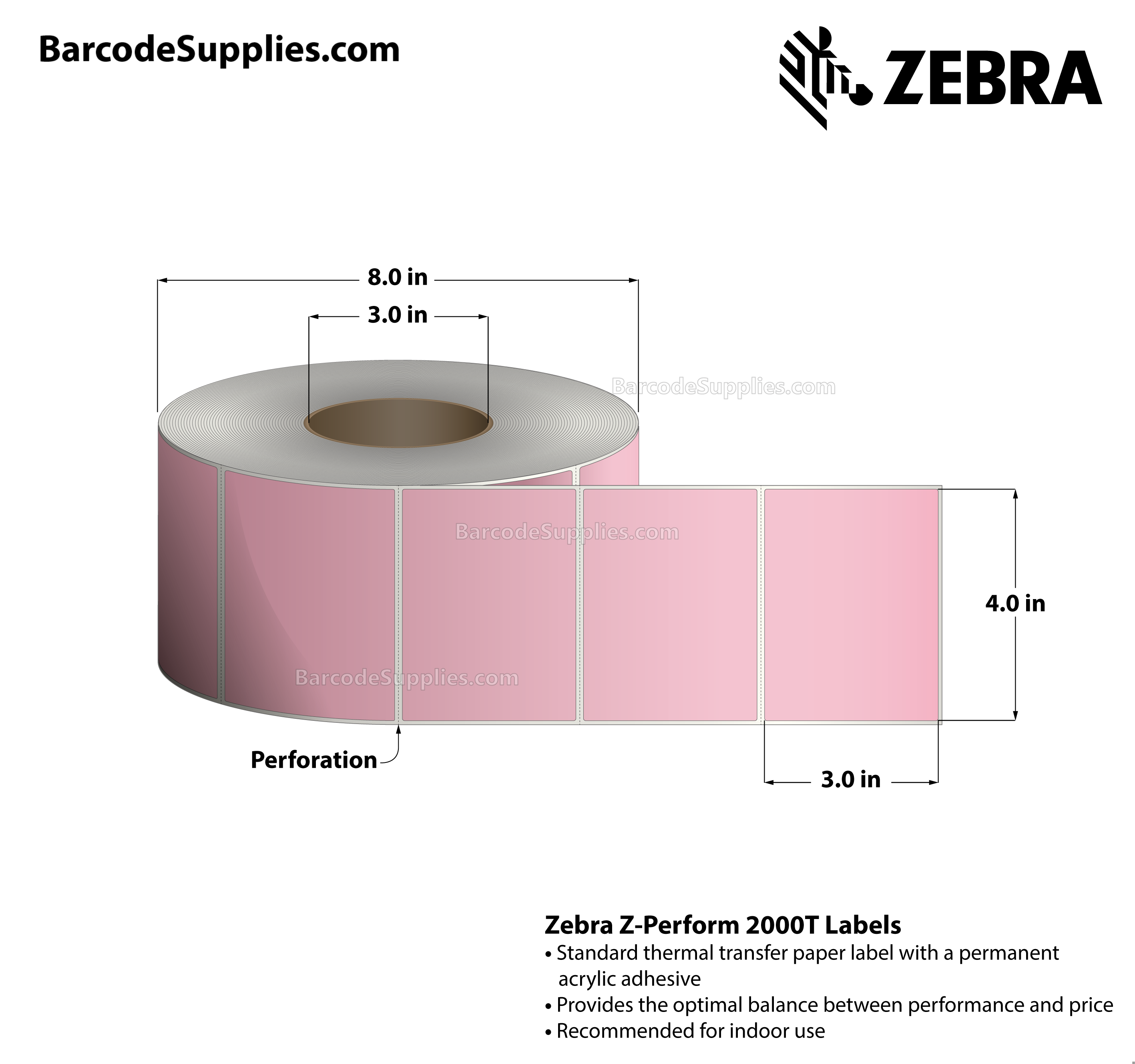 4 x 3 Thermal Transfer Pink - PMS 1767 Z-Perform 2000T Floodcoated (Pink) Labels With Permanent Adhesive - Perforated - 1840 Labels Per Roll - Carton Of 4 Rolls - 7360 Labels Total - MPN: 10006209-3