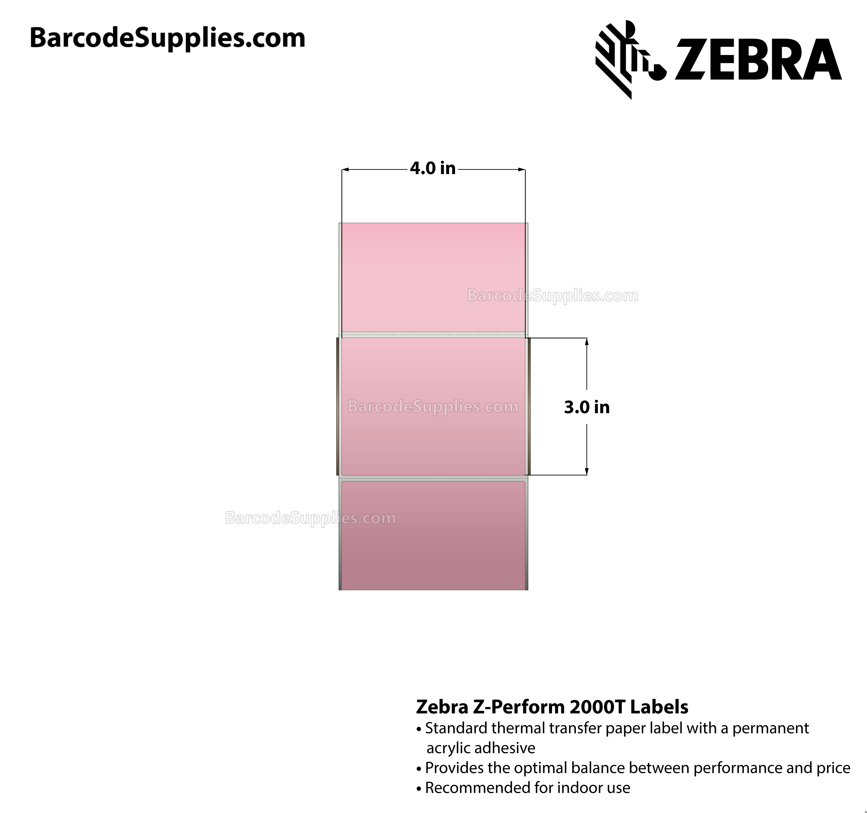 4 x 3 Thermal Transfer Pink - PMS 1767 Z-Perform 2000T Floodcoated (Pink) Labels With Permanent Adhesive - Perforated - 1840 Labels Per Roll - Carton Of 4 Rolls - 7360 Labels Total - MPN: 10006209-3