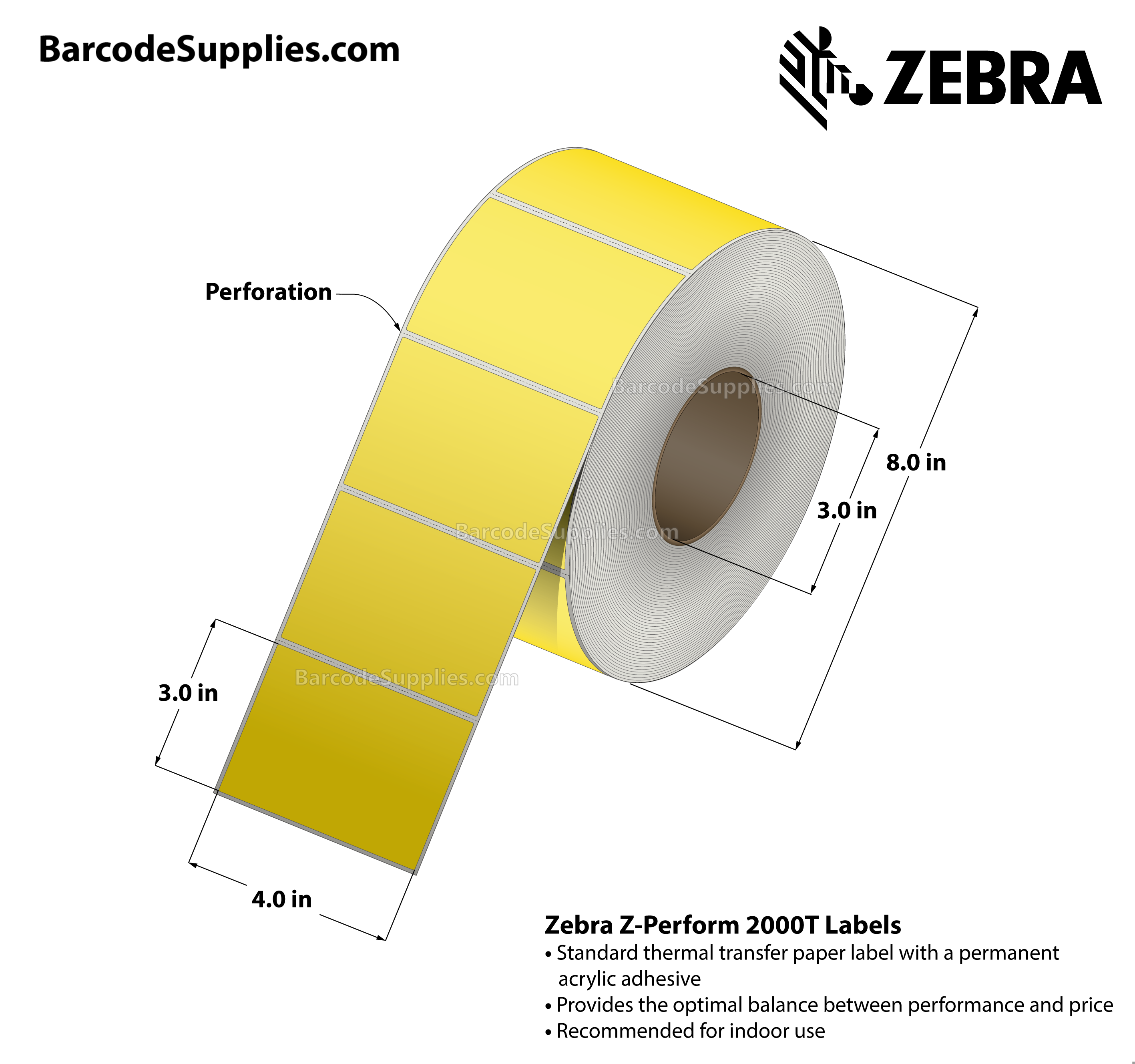 4 x 3 Thermal Transfer Yellow - Pantone Yellow Z-Perform 2000T Floodcoated (Yellow) Labels With Permanent Adhesive - Perforated - 1840 Labels Per Roll - Carton Of 4 Rolls - 7360 Labels Total - MPN: 10006209-1