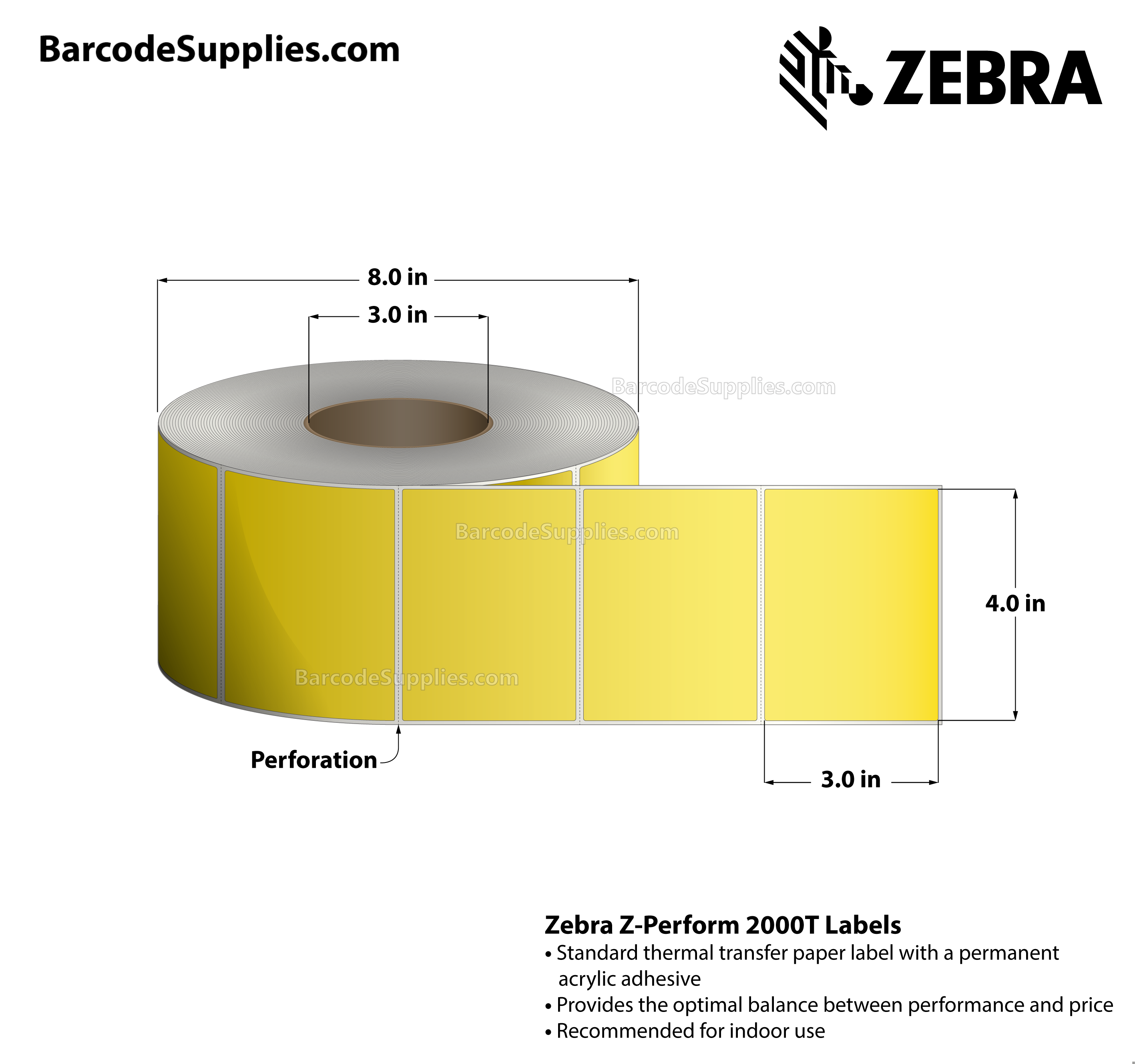 4 x 3 Thermal Transfer Yellow - Pantone Yellow Z-Perform 2000T Floodcoated (Yellow) Labels With Permanent Adhesive - Perforated - 1840 Labels Per Roll - Carton Of 4 Rolls - 7360 Labels Total - MPN: 10006209-1