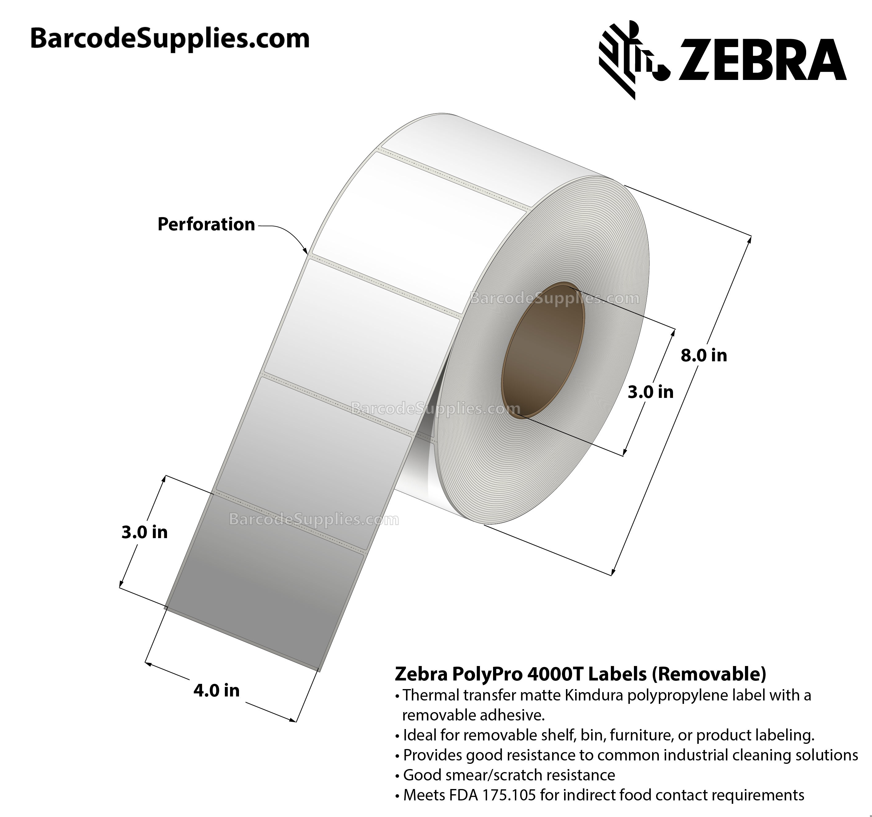 4 x 3 Thermal Transfer White PolyPro 4000T Removable Labels With Removable Adhesive - Perforated - 1000 Labels Per Roll - Carton Of 1 Rolls - 1000 Labels Total - MPN: 10022939