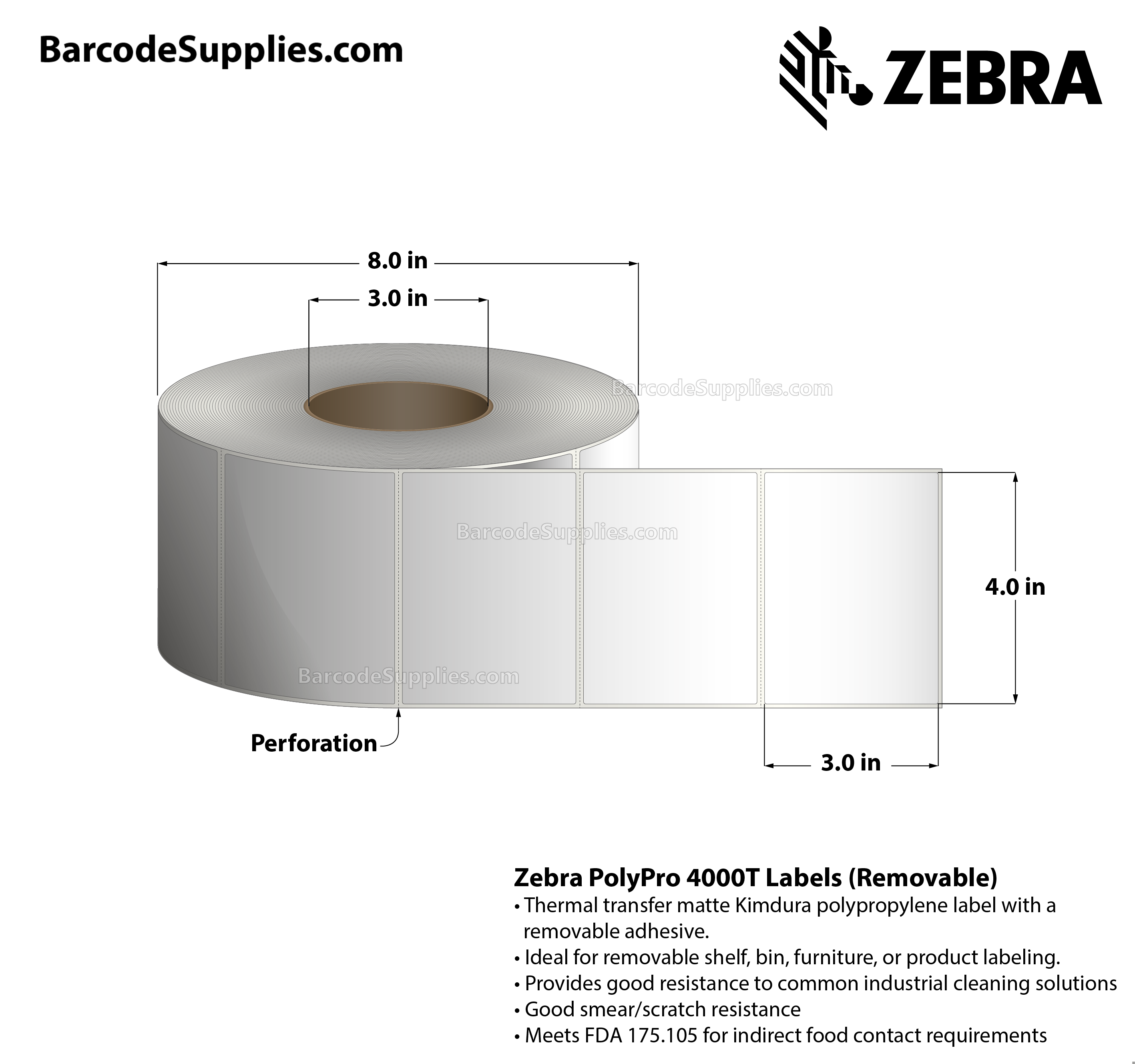 4 x 3 Thermal Transfer White PolyPro 4000T Removable Labels With Removable Adhesive - Perforated - 1000 Labels Per Roll - Carton Of 1 Rolls - 1000 Labels Total - MPN: 10022939