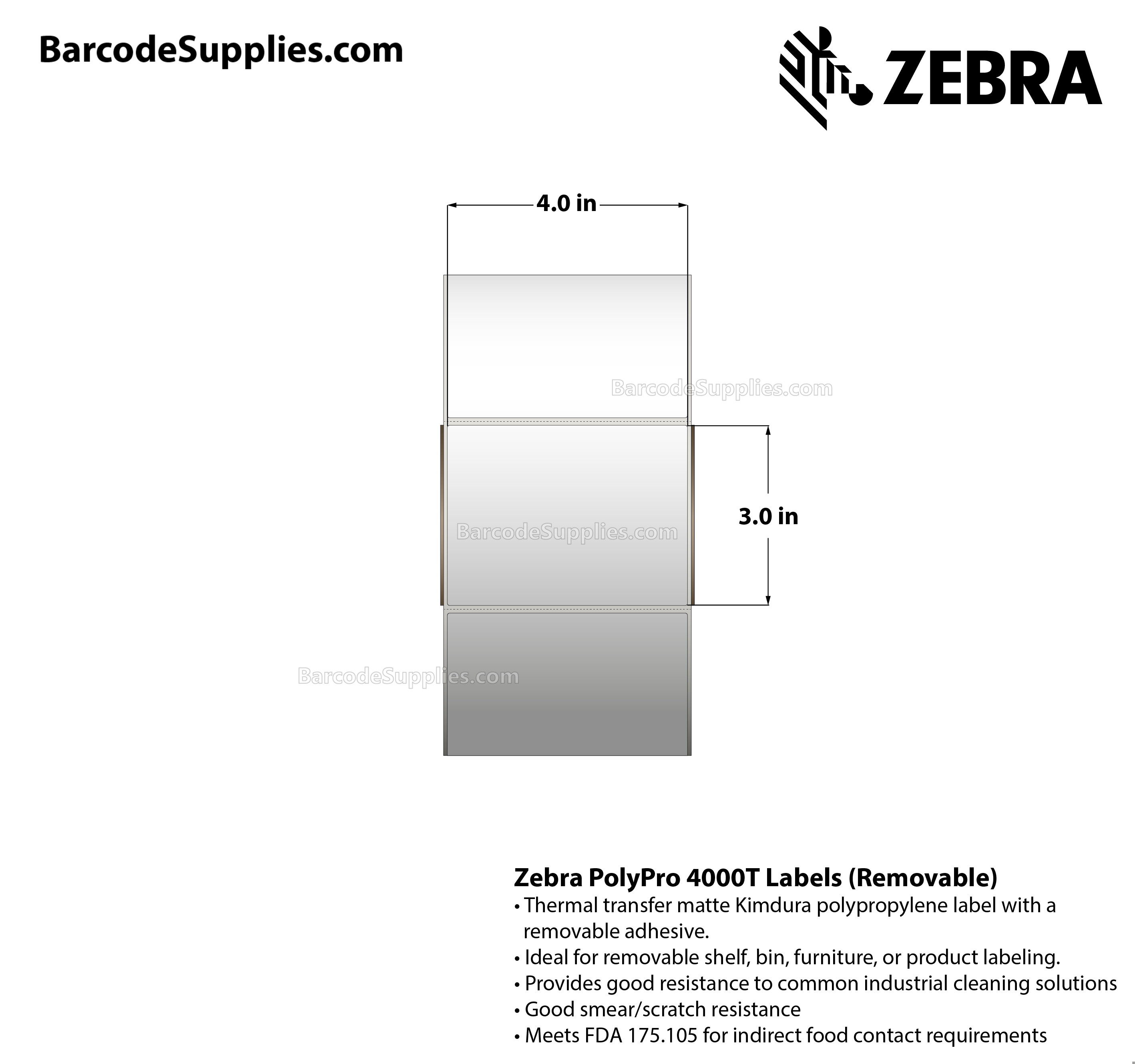 4 x 3 Thermal Transfer White PolyPro 4000T Removable Labels With Removable Adhesive - Perforated - 1000 Labels Per Roll - Carton Of 1 Rolls - 1000 Labels Total - MPN: 10022939