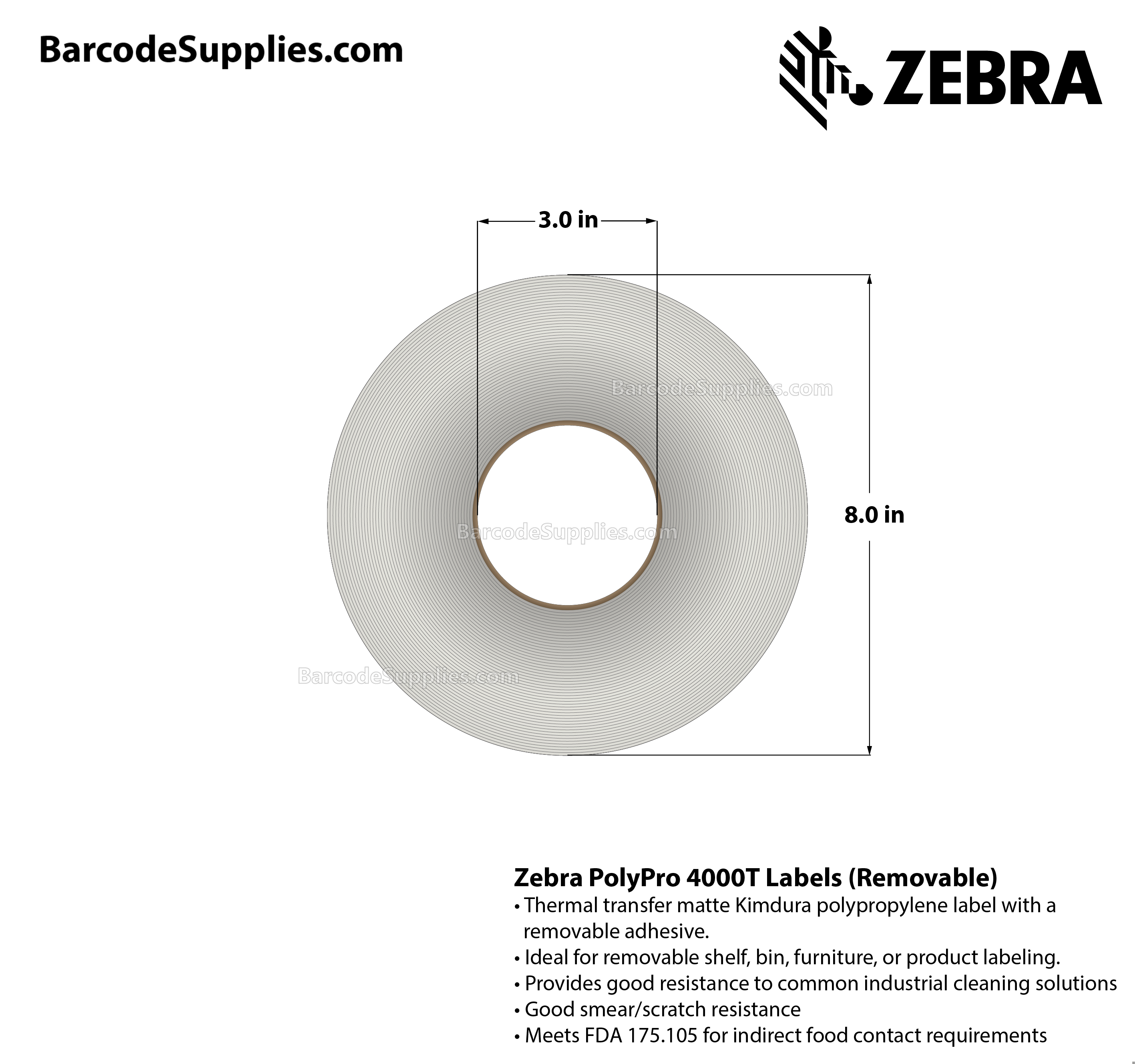 4 x 3 Thermal Transfer White PolyPro 4000T Removable Labels With Removable Adhesive - Perforated - 1000 Labels Per Roll - Carton Of 1 Rolls - 1000 Labels Total - MPN: 10022939