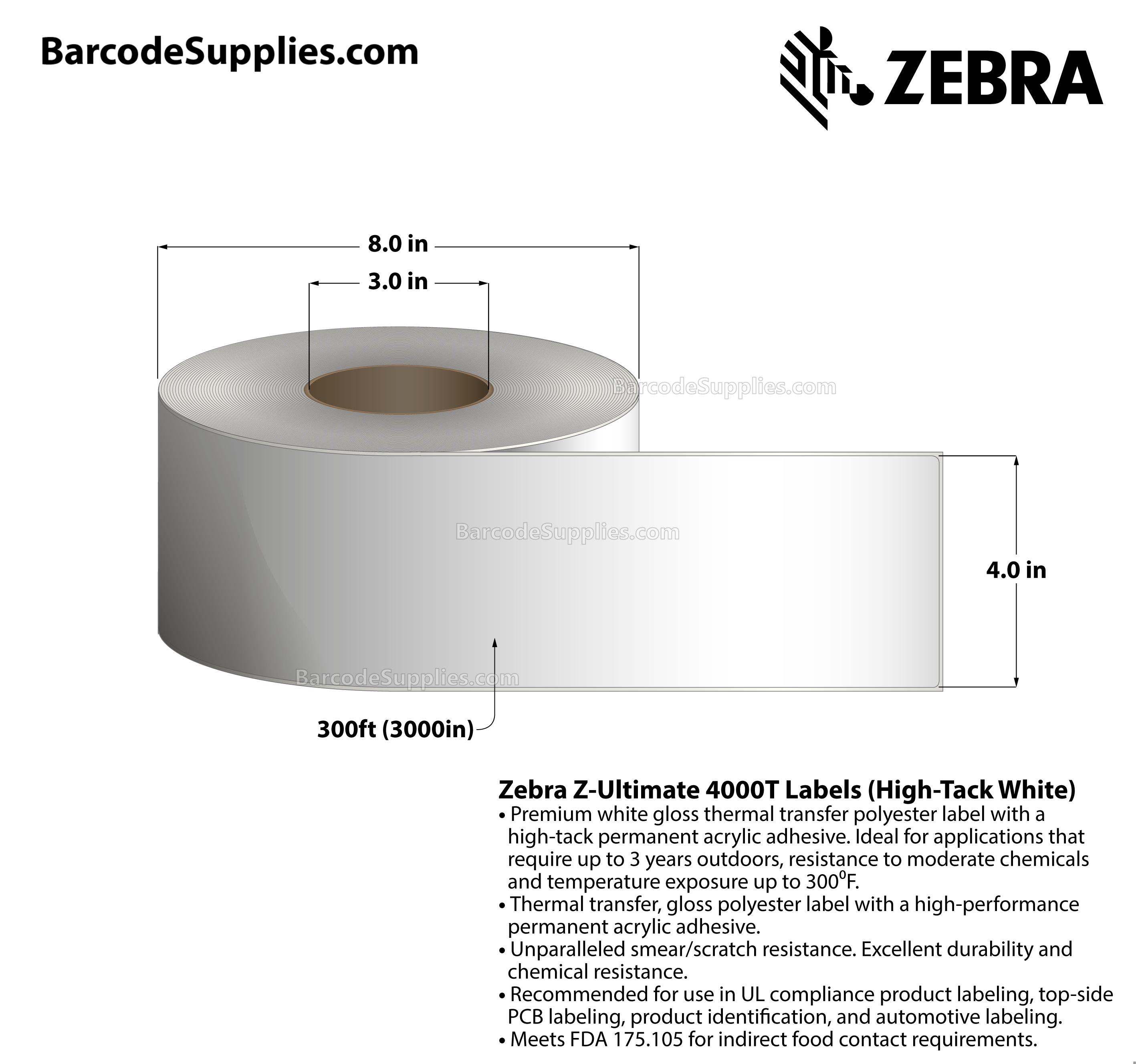 4 x 300' Thermal Transfer White Z-Ultimate 4000T High-Tack White Labels With High-tack Adhesive - Continuous - Labels Per Roll - Carton Of 1 Rolls - 0 Labels Total - MPN: 10023063