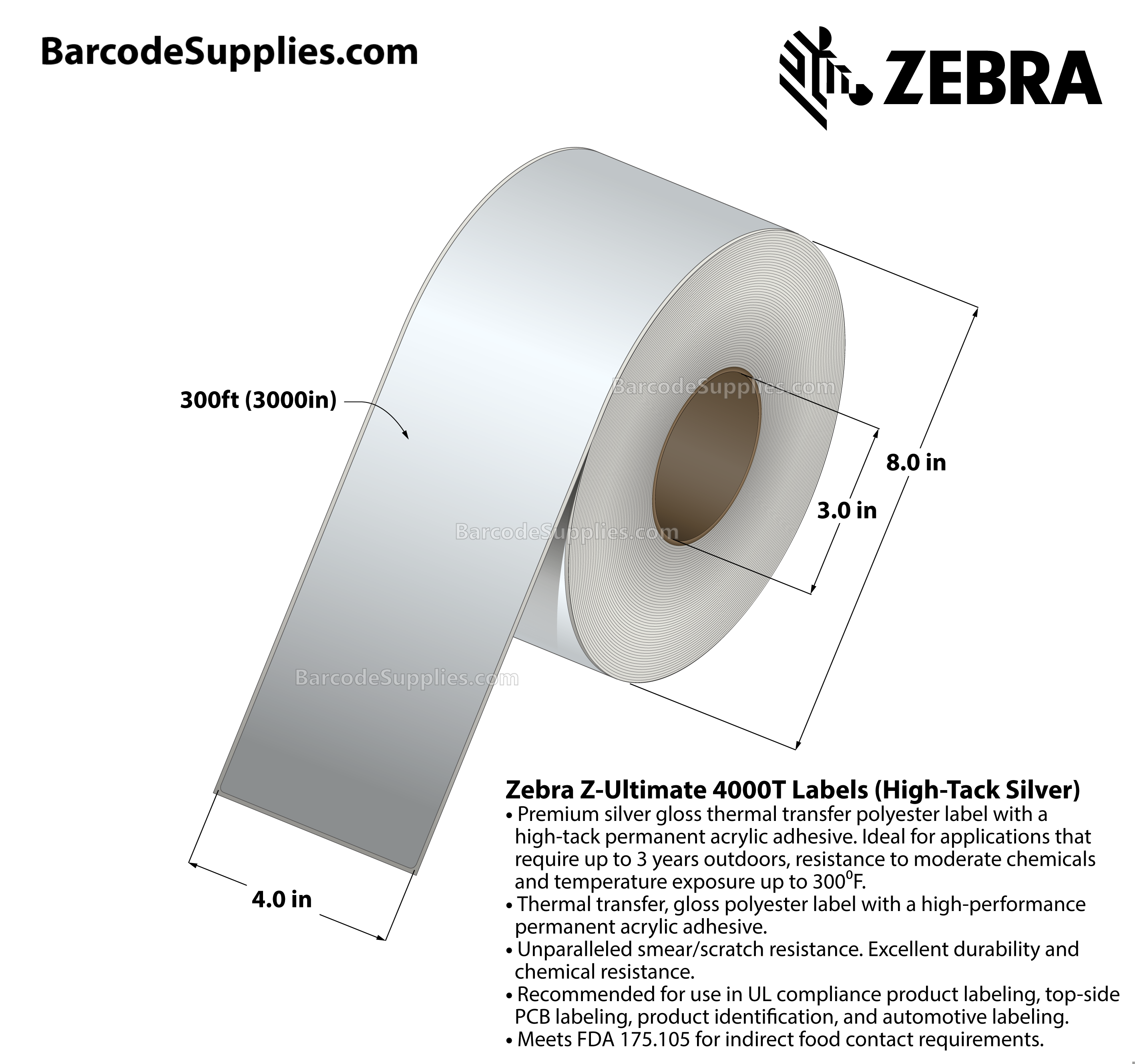 4 x 300' Thermal Transfer Silver Z-Ultimate 4000T High-Tack Silver Labels With High-tack Adhesive - Continuous - Labels Per Roll - Carton Of 1 Rolls - 0 Labels Total - MPN: 10023358