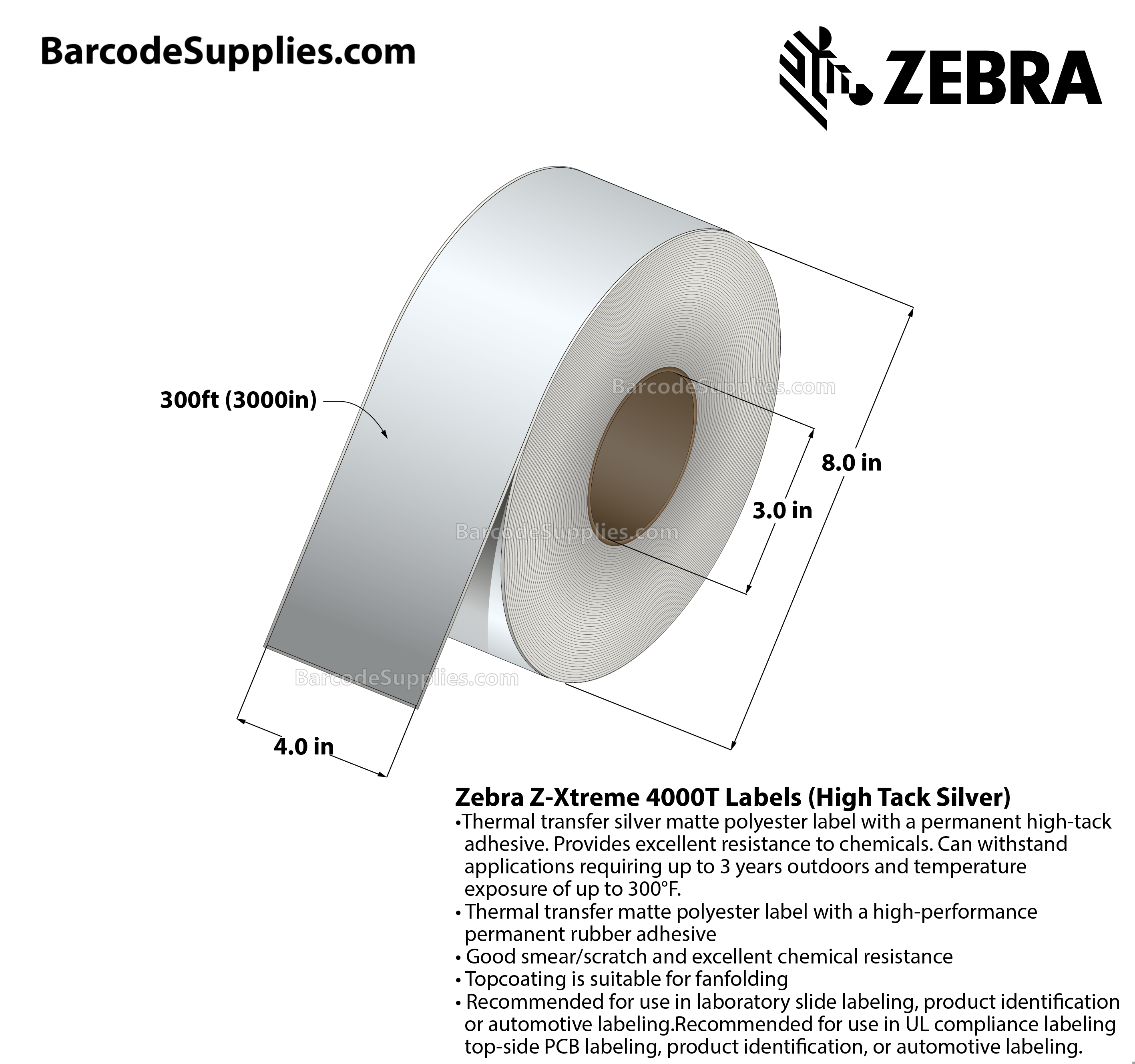4 x 300' Thermal Transfer Silver Z-Xtreme 4000T High-Tack Silver Labels With High-tack Adhesive - Continuous - Labels Per Roll - Carton Of 1 Rolls - 0 Labels Total - MPN: 10023185