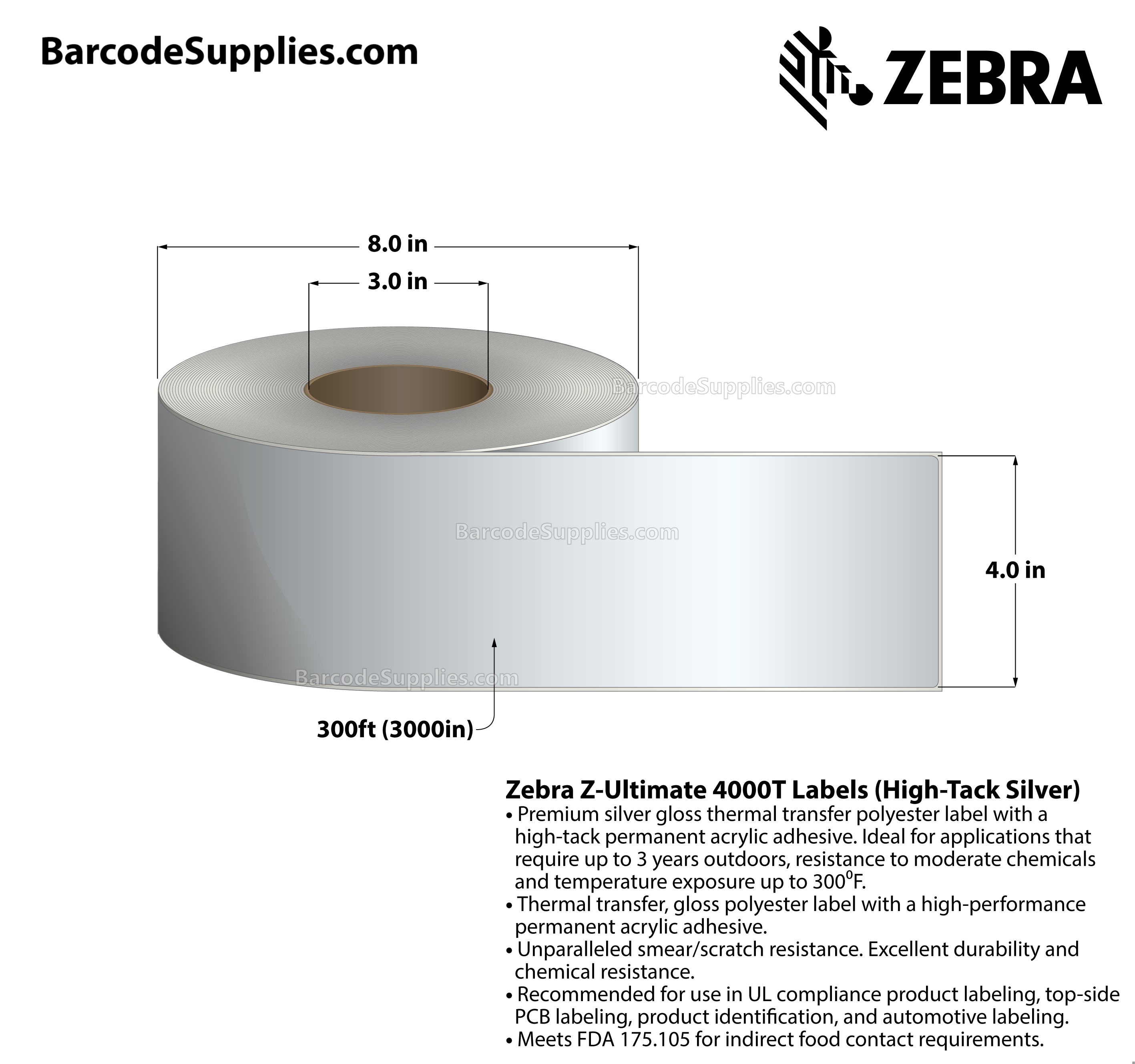 4 x 300' Thermal Transfer Silver Z-Ultimate 4000T High-Tack Silver Labels With High-tack Adhesive - Continuous - Labels Per Roll - Carton Of 1 Rolls - 0 Labels Total - MPN: 10023358