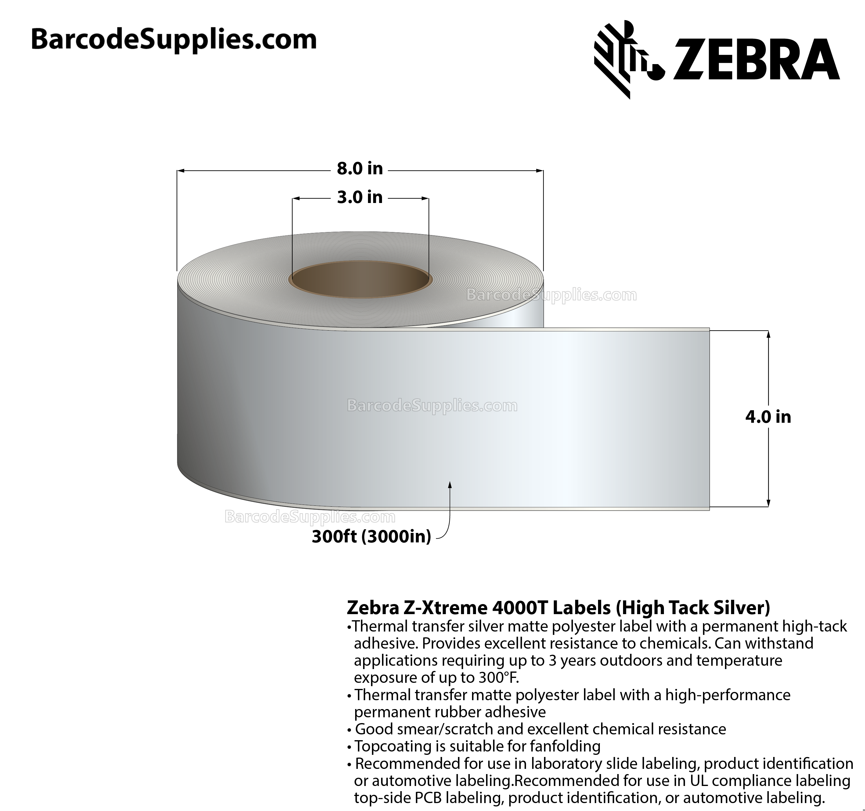 4 x 300' Thermal Transfer Silver Z-Xtreme 4000T High-Tack Silver Labels With High-tack Adhesive - Continuous - Labels Per Roll - Carton Of 1 Rolls - 0 Labels Total - MPN: 10023185