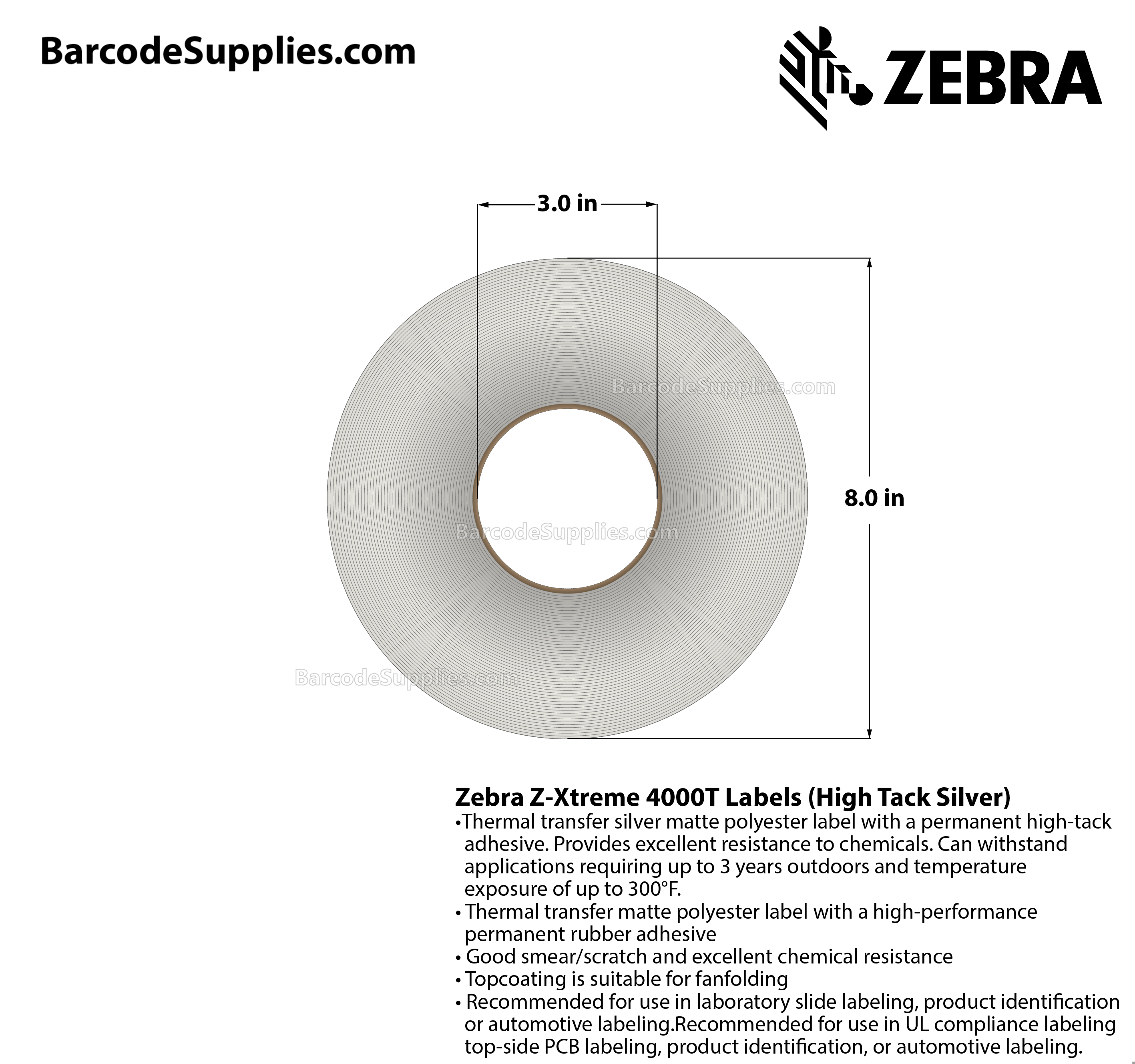 4 x 300' Thermal Transfer Silver Z-Xtreme 4000T High-Tack Silver Labels With High-tack Adhesive - Continuous - Labels Per Roll - Carton Of 1 Rolls - 0 Labels Total - MPN: 10023185