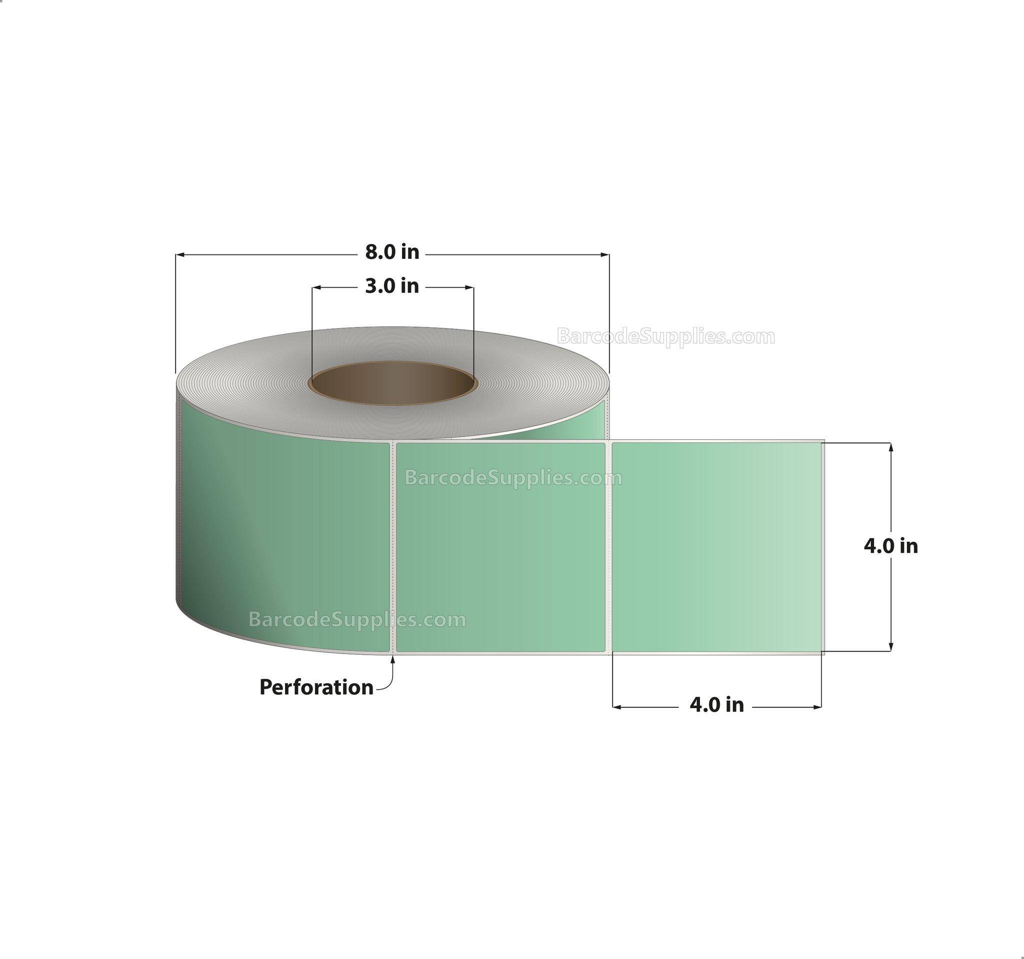4 x 4 Thermal Transfer 345 Green Labels With Permanent Adhesive - Perforated - 1500 Labels Per Roll - Carton Of 4 Rolls - 6000 Labels Total - MPN: RFC-4-4-1500-GR