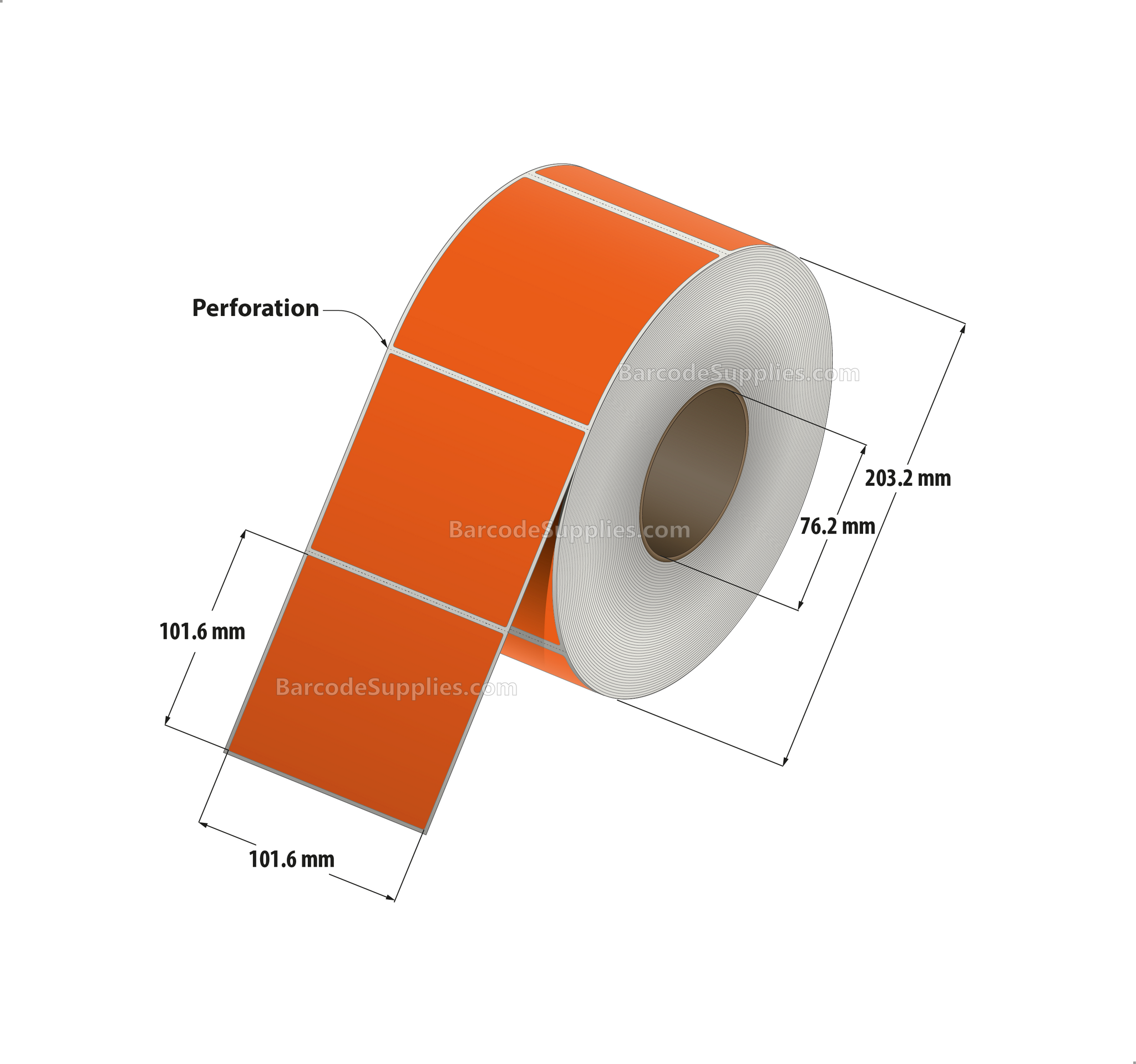 4 x 4 Thermal Transfer 1495 Orange Labels With Permanent Adhesive - Perforated - 1500 Labels Per Roll - Carton Of 4 Rolls - 6000 Labels Total - MPN: RFC-4-4-1500-OR