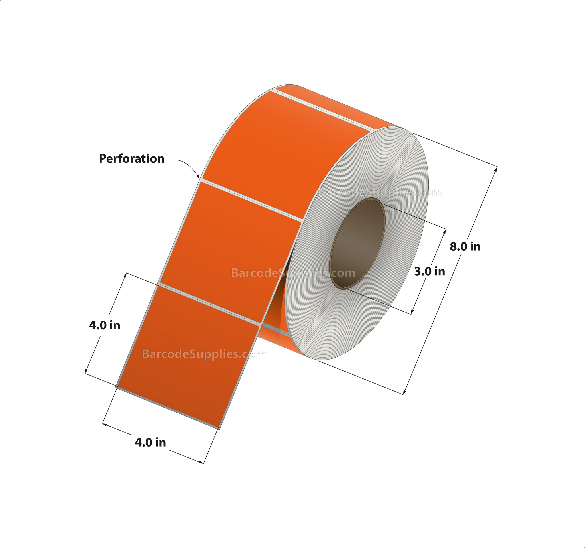 4 x 4 Thermal Transfer 1495 Orange Labels With Permanent Adhesive - Perforated - 1500 Labels Per Roll - Carton Of 4 Rolls - 6000 Labels Total - MPN: RFC-4-4-1500-OR