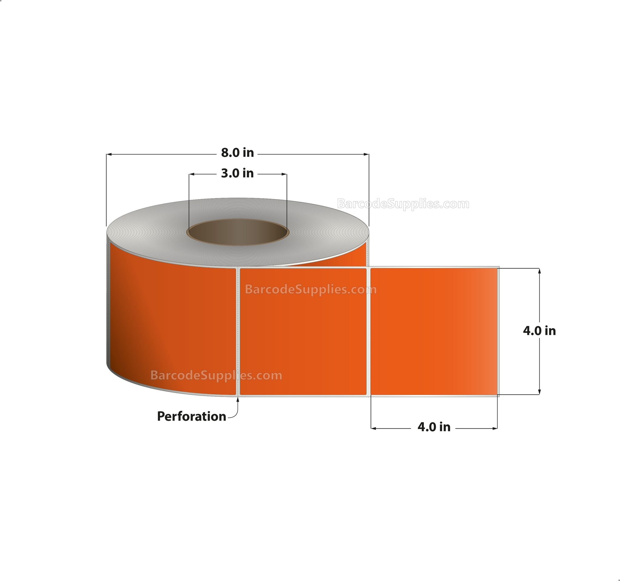 4 x 4 Thermal Transfer 1495 Orange Labels With Permanent Adhesive - Perforated - 1500 Labels Per Roll - Carton Of 4 Rolls - 6000 Labels Total - MPN: RFC-4-4-1500-OR