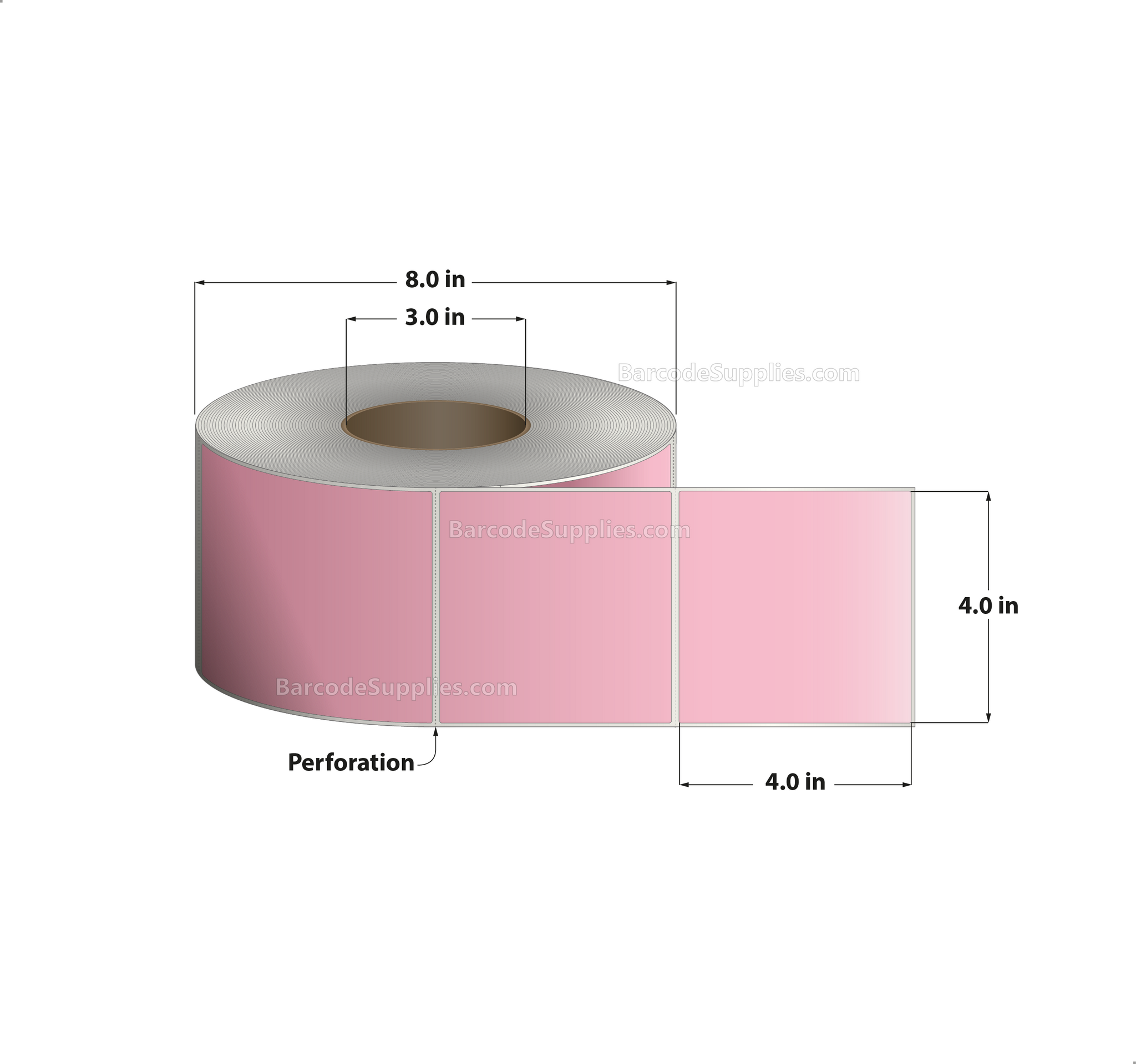 4 x 4 Thermal Transfer 196 Pink Labels With Permanent Acrylic Adhesive - Perforated - 1500 Labels Per Roll - Carton Of 4 Rolls - 6000 Labels Total - MPN: TH44-1PP