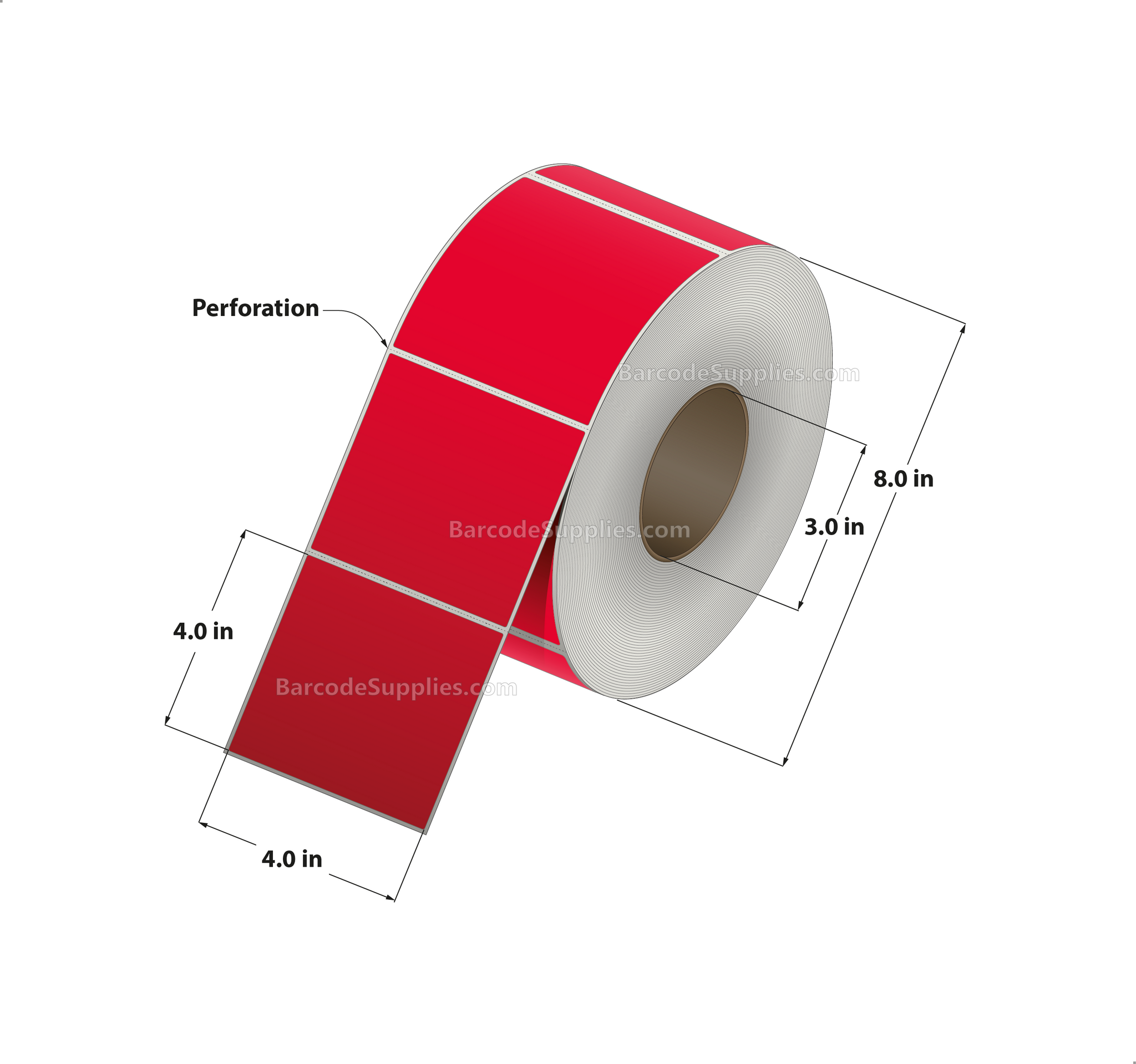 4 x 4 Thermal Transfer 032 Red Labels With Permanent Adhesive - Perforated - 1500 Labels Per Roll - Carton Of 4 Rolls - 6000 Labels Total - MPN: RFC-4-4-1500-RD
