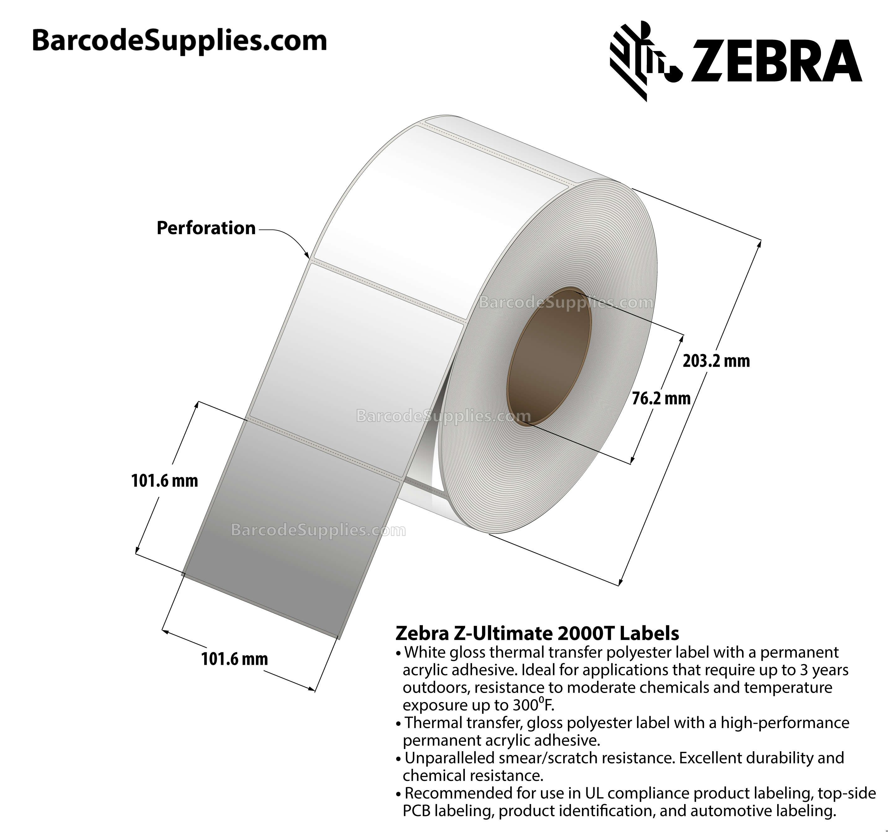 4 x 4 Thermal Transfer White Z-Ultimate 2000T Labels With Permanent Adhesive - Perforated - 1520 Labels Per Roll - Carton Of 4 Rolls - 6080 Labels Total - MPN: 10008517