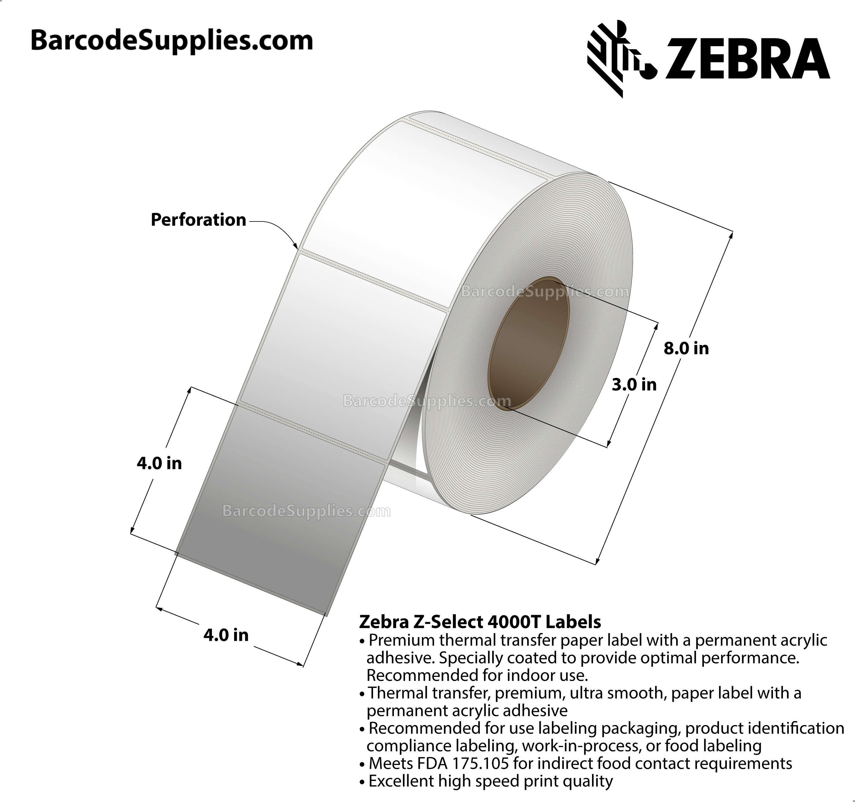 4 x 4 Thermal Transfer White Z-Select 4000T Labels With Permanent Adhesive - Perforated - 1696 Labels Per Roll - Carton Of 4 Rolls - 6784 Labels Total - MPN: 800640-405