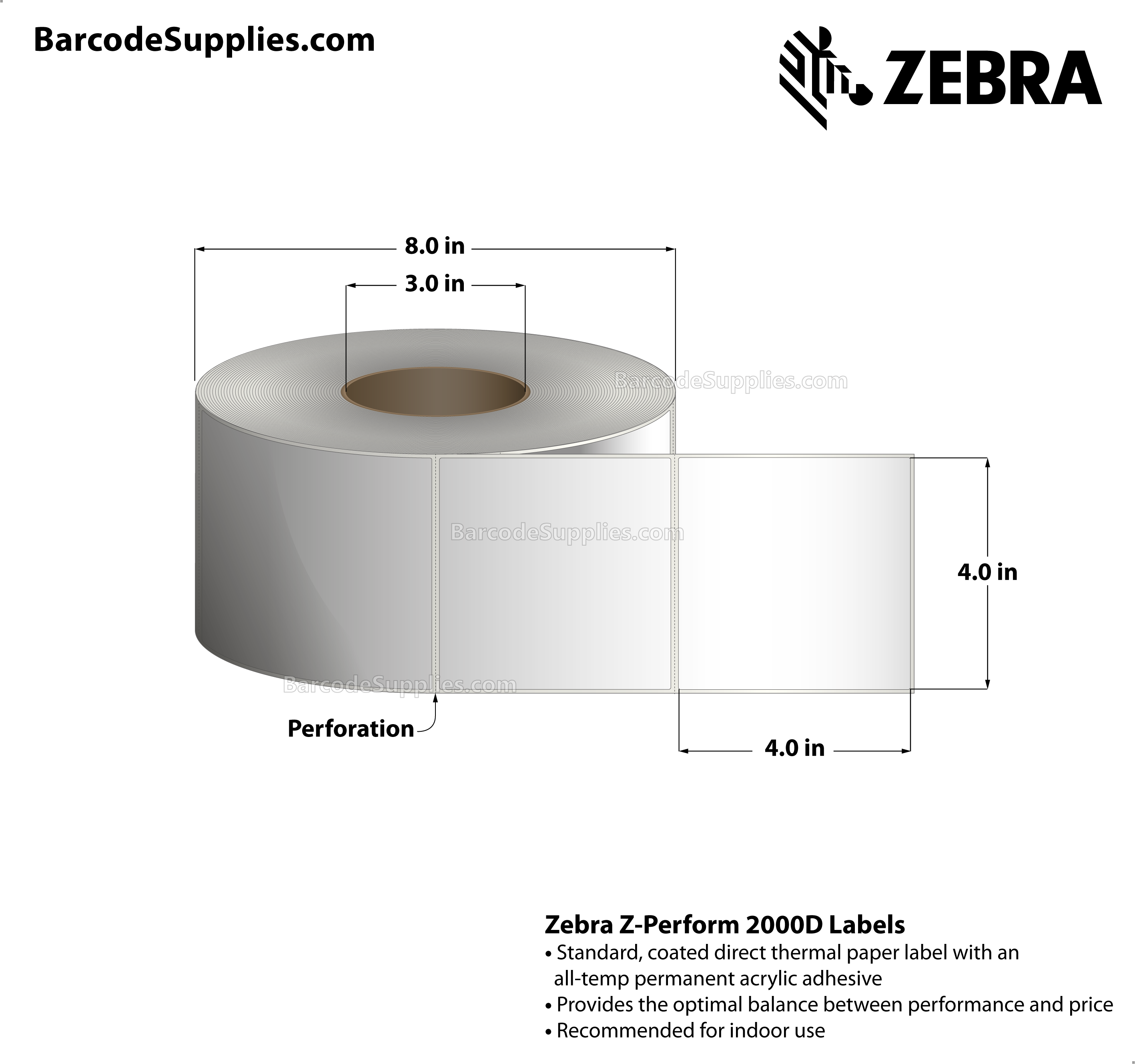 4 x 4 Direct Thermal White Z-Perform 2000D Labels With All-Temp Adhesive - Perforated - 1500 Labels Per Roll - Carton Of 4 Rolls - 6000 Labels Total - MPN: 10000292