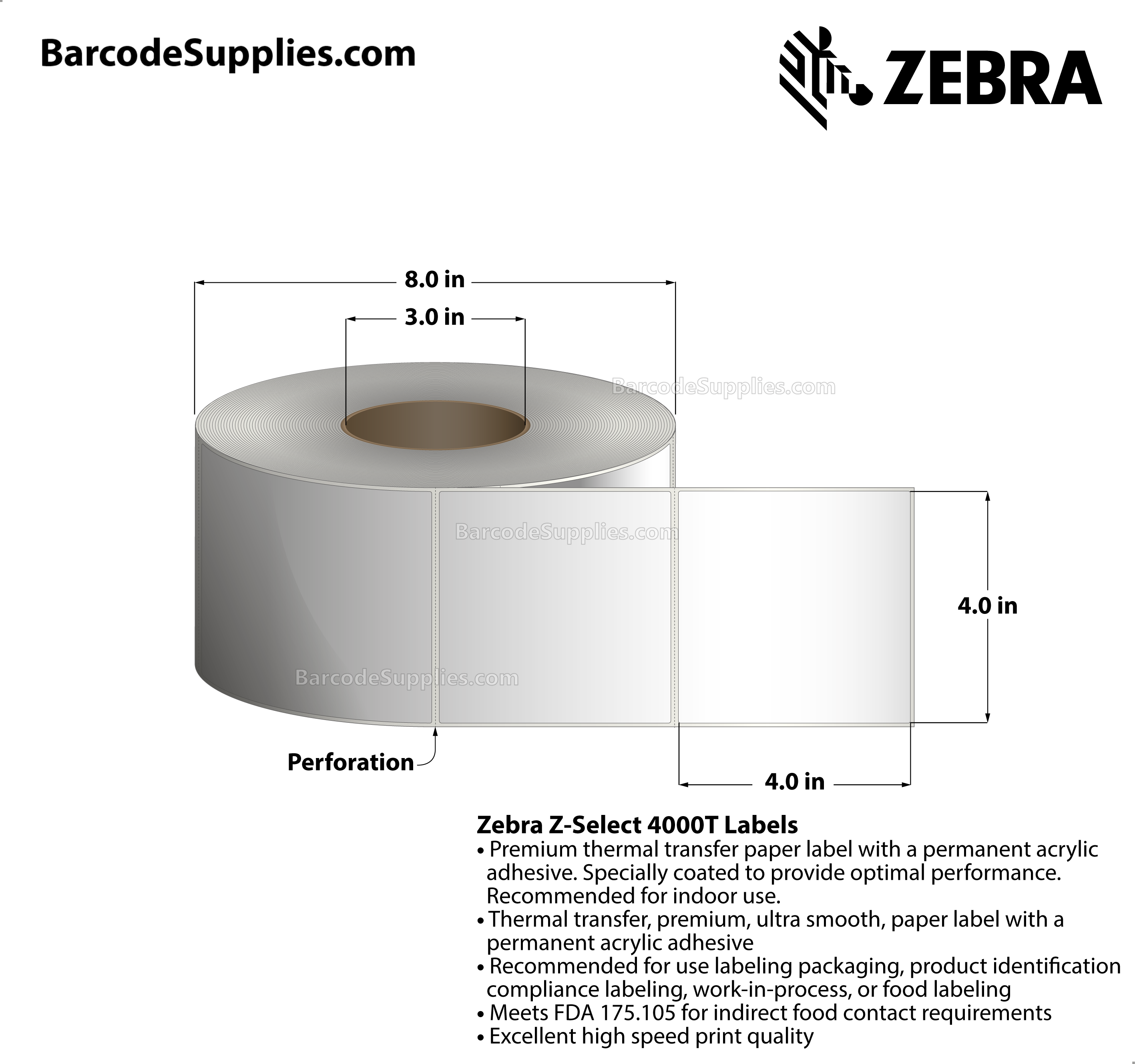 4 x 4 Thermal Transfer White Z-Select 4000T Labels With Permanent Adhesive - Perforated - 1696 Labels Per Roll - Carton Of 4 Rolls - 6784 Labels Total - MPN: 800640-405