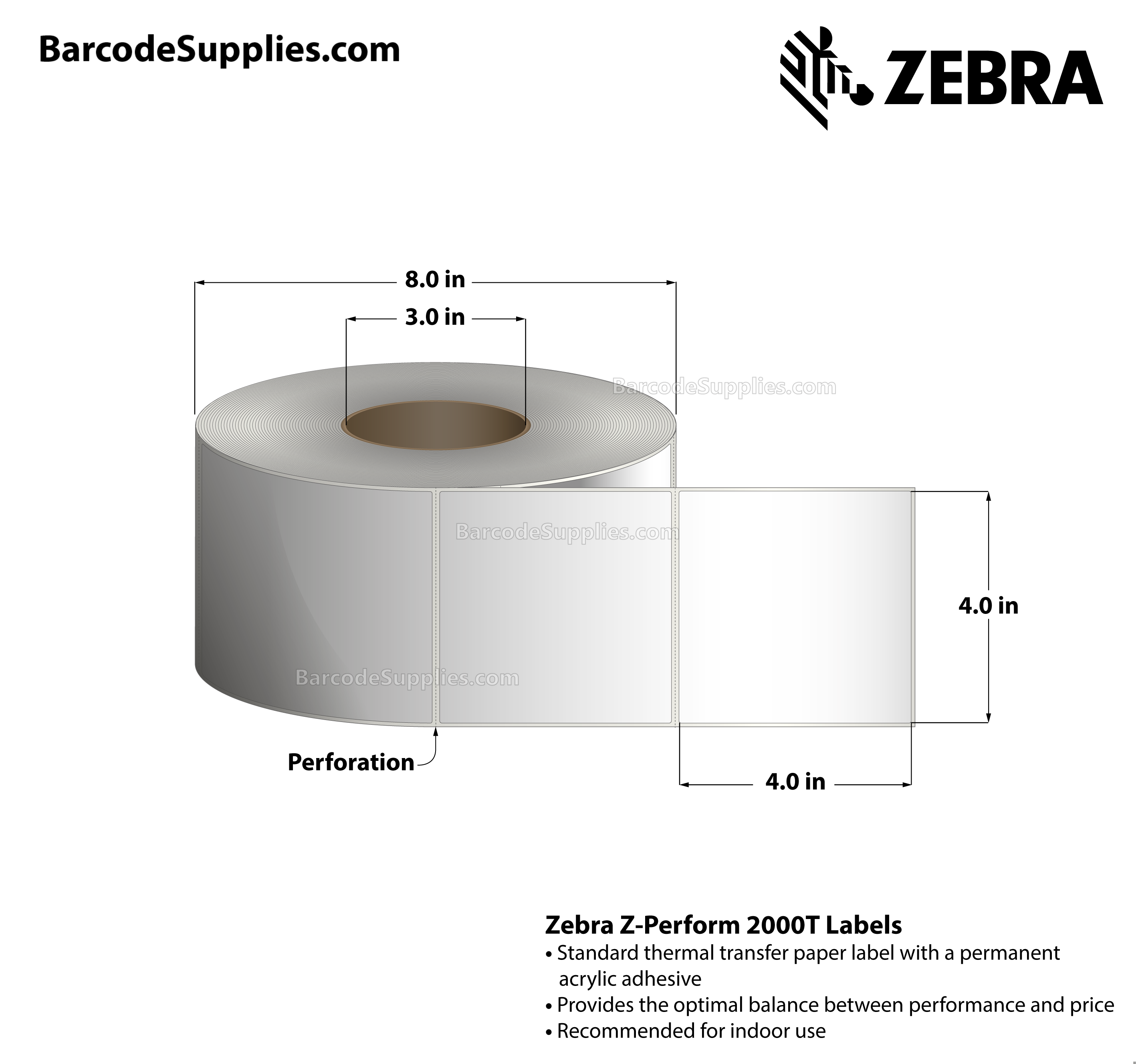 4 x 4 Thermal Transfer White Z-Perform 2000T Labels With Permanent Adhesive - Perforated - 1500 Labels Per Roll - Carton Of 4 Rolls - 6000 Labels Total - MPN: 10000283