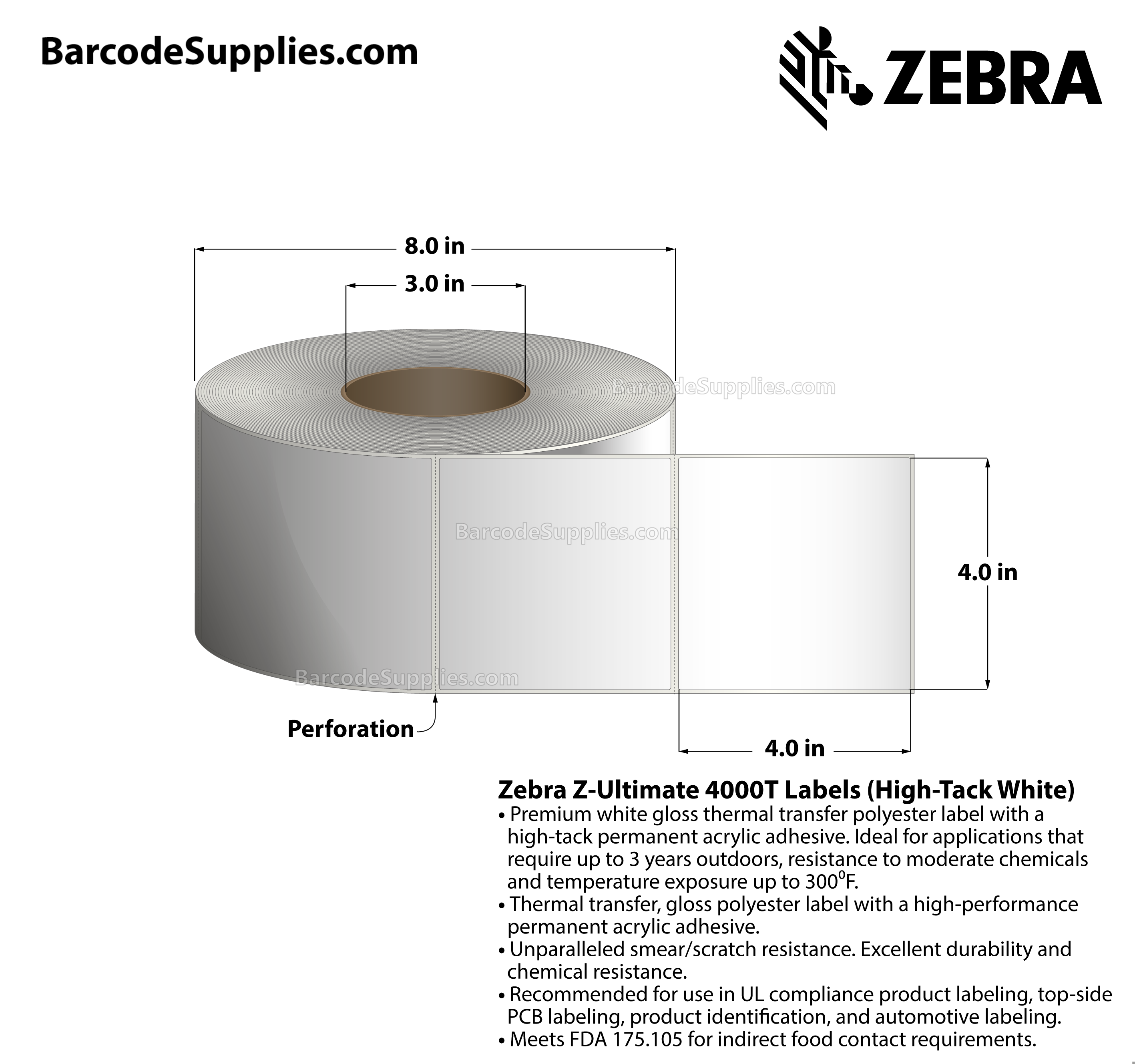 4 x 4 Thermal Transfer White Z-Ultimate 4000T High-Tack White Labels With High-tack Adhesive - Perforated - 1000 Labels Per Roll - Carton Of 1 Rolls - 1000 Labels Total - MPN: 10023062