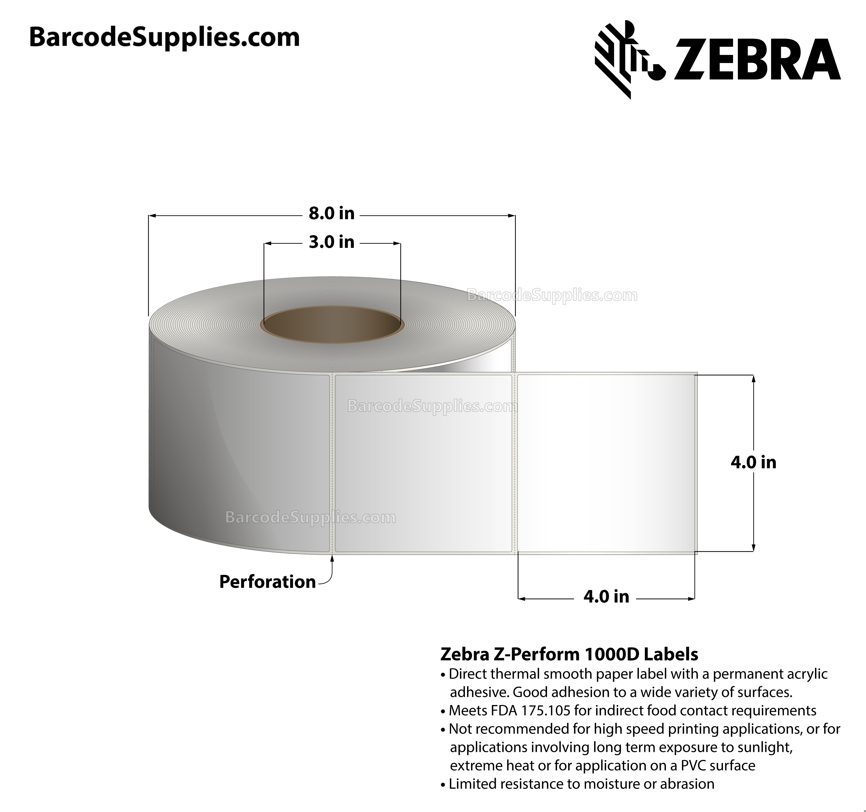 4 x 4 Direct Thermal White Z-Perform 1000D Labels With Permanent Adhesive - Perforated - 1425 Labels Per Roll - Carton Of 4 Rolls - 5700 Labels Total - MPN: 10028311