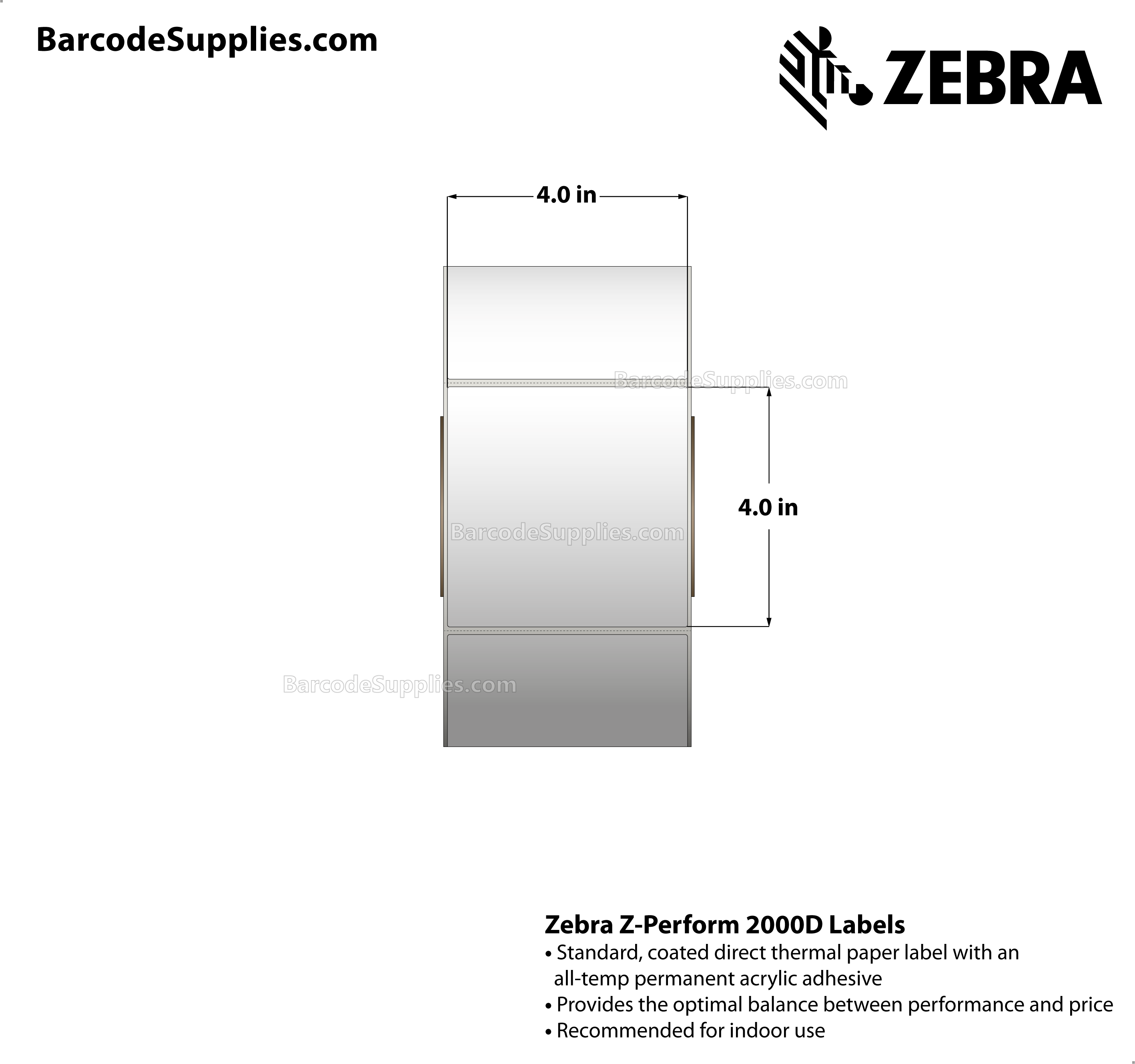 4 x 4 Direct Thermal White Z-Perform 2000D Labels With All-Temp Adhesive - Perforated - 1500 Labels Per Roll - Carton Of 4 Rolls - 6000 Labels Total - MPN: 10000292