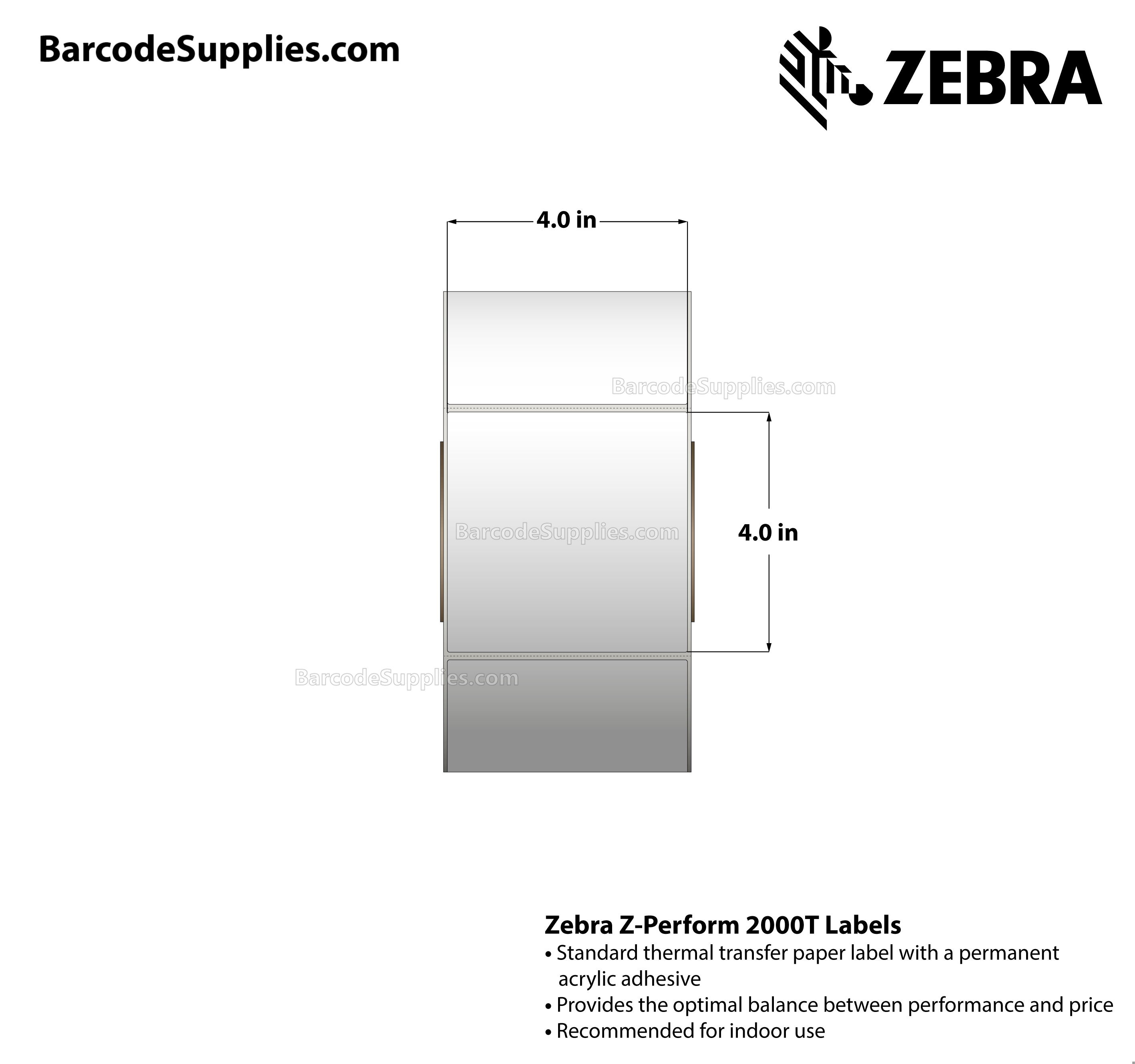 4 x 4 Thermal Transfer White Z-Perform 2000T Labels With Permanent Adhesive - Perforated - 1500 Labels Per Roll - Carton Of 4 Rolls - 6000 Labels Total - MPN: 10000283