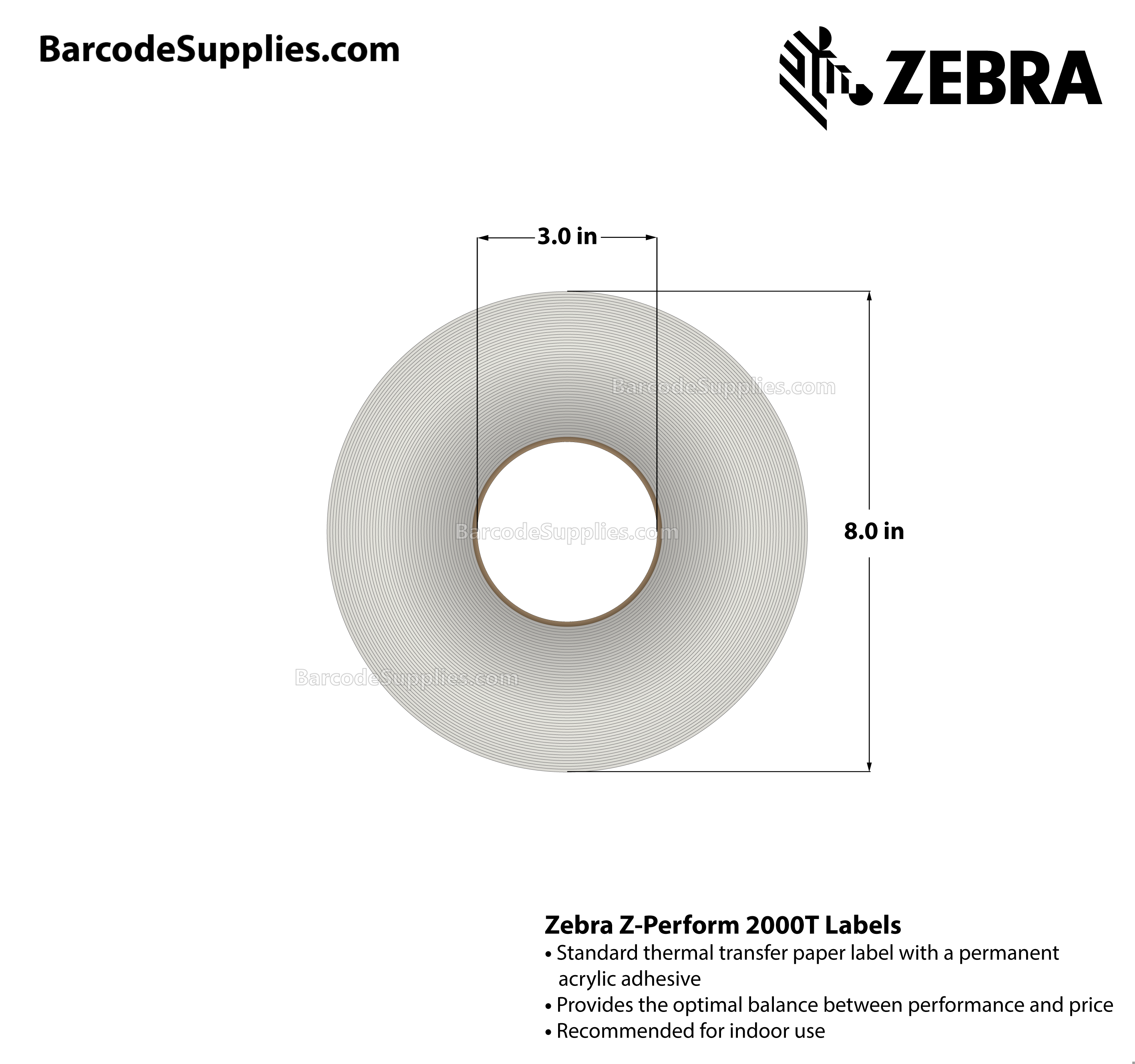 4 x 4 Thermal Transfer White Z-Perform 2000T Labels With Permanent Adhesive - Perforated - 1500 Labels Per Roll - Carton Of 4 Rolls - 6000 Labels Total - MPN: 10000283