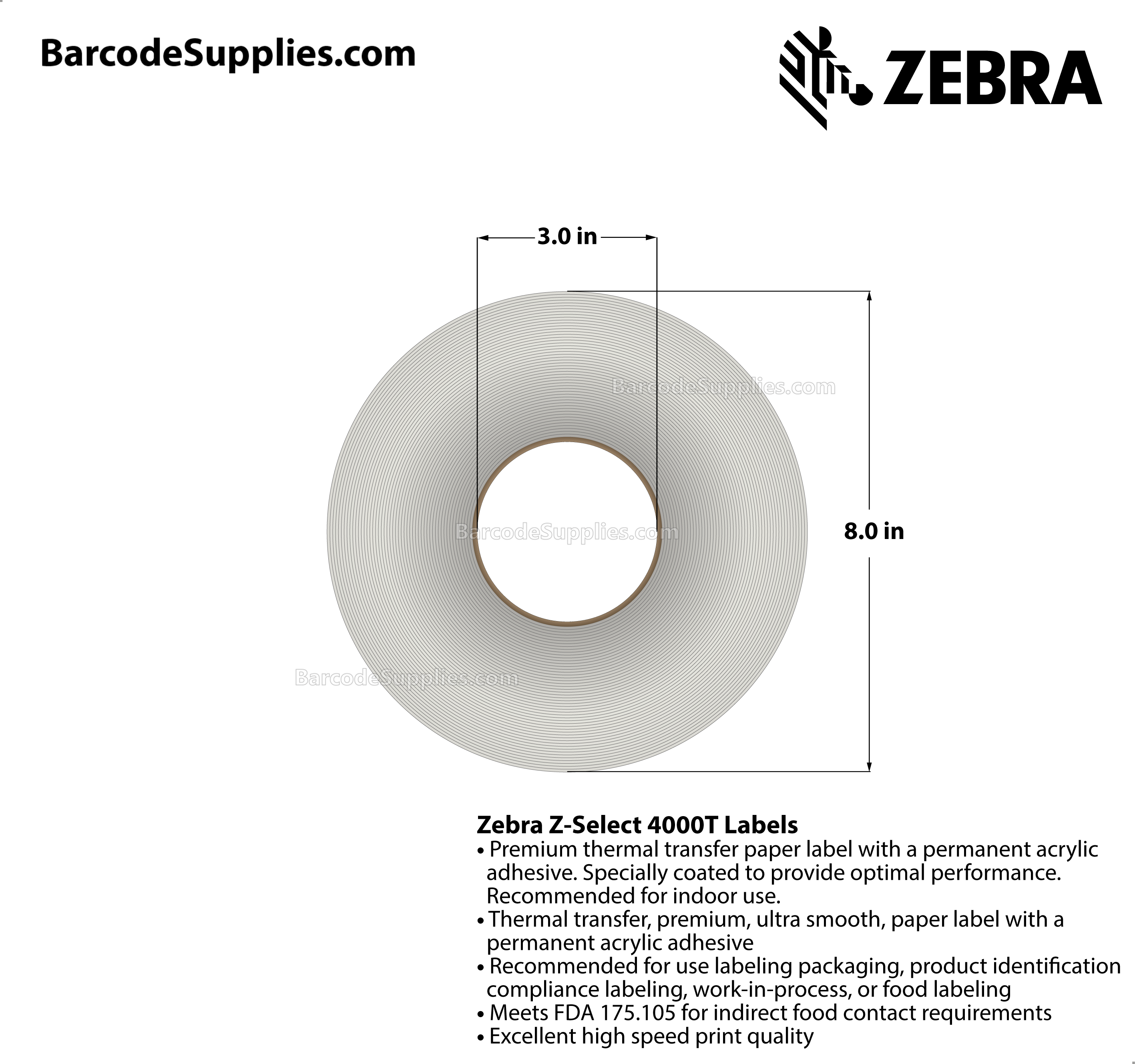 4 x 4 Thermal Transfer White Z-Select 4000T Labels With Permanent Adhesive - Perforated - 1696 Labels Per Roll - Carton Of 4 Rolls - 6784 Labels Total - MPN: 800640-405