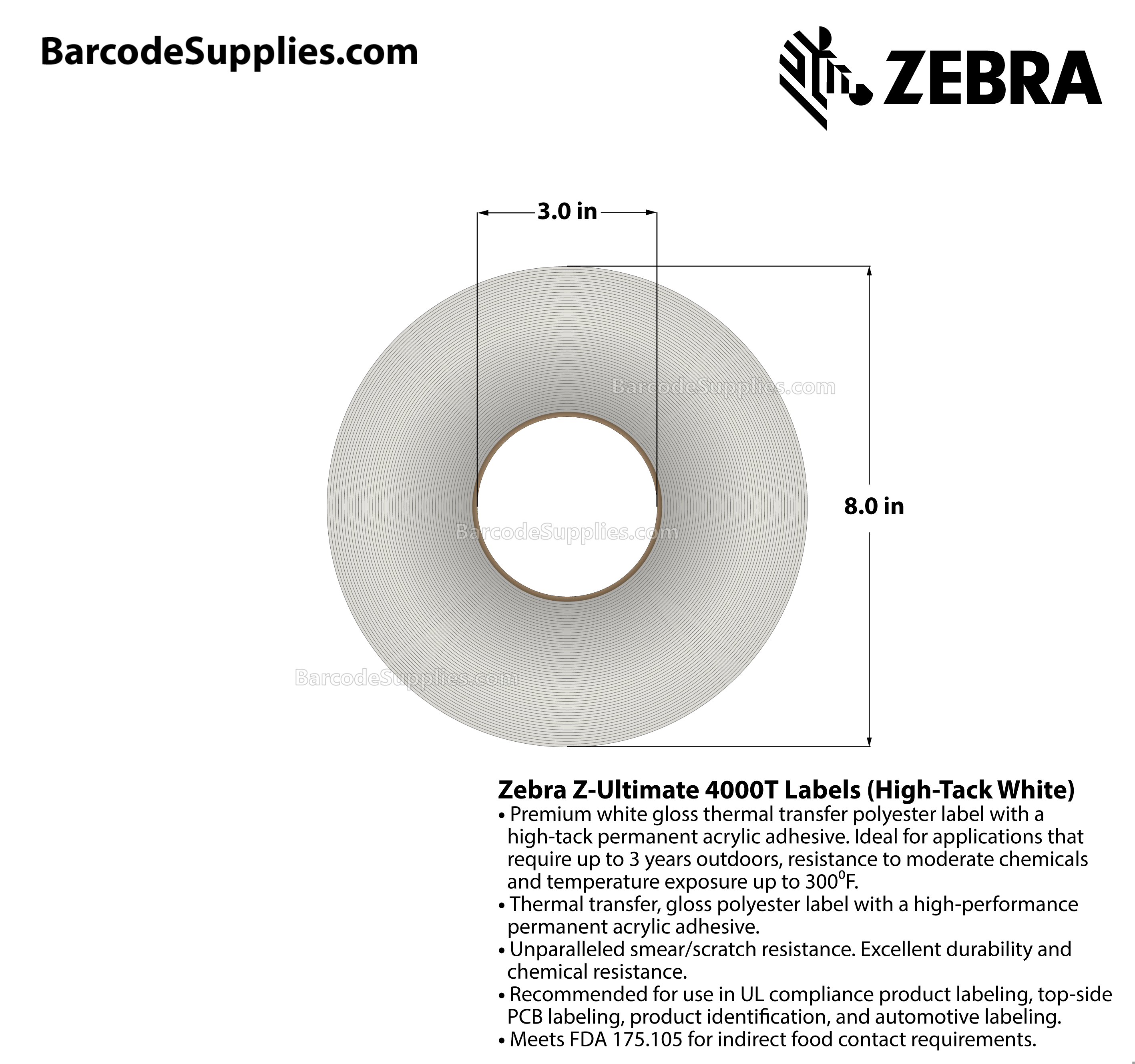 4 x 4 Thermal Transfer White Z-Ultimate 4000T High-Tack White Labels With High-tack Adhesive - Perforated - 1000 Labels Per Roll - Carton Of 1 Rolls - 1000 Labels Total - MPN: 10023062