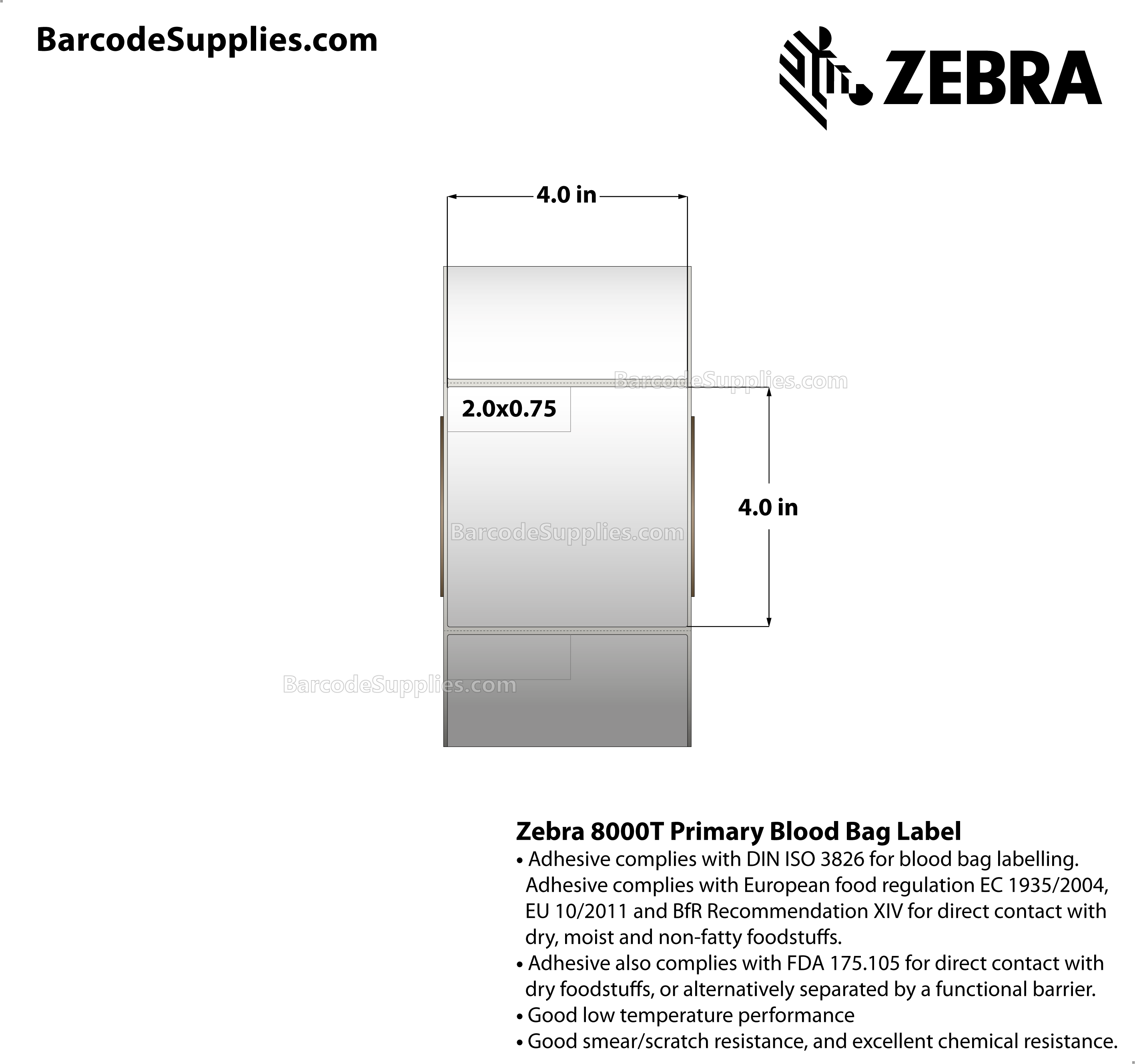 4 x 4 Thermal Transfer White 8000T Primary Blood Bag Label Labels With All-Temp Adhesive - ISBT128 Primary Blood Bag Label - Perforated - 1110 Labels Per Roll - Carton Of 4 Rolls - 4440 Labels Total - MPN: HC10000688