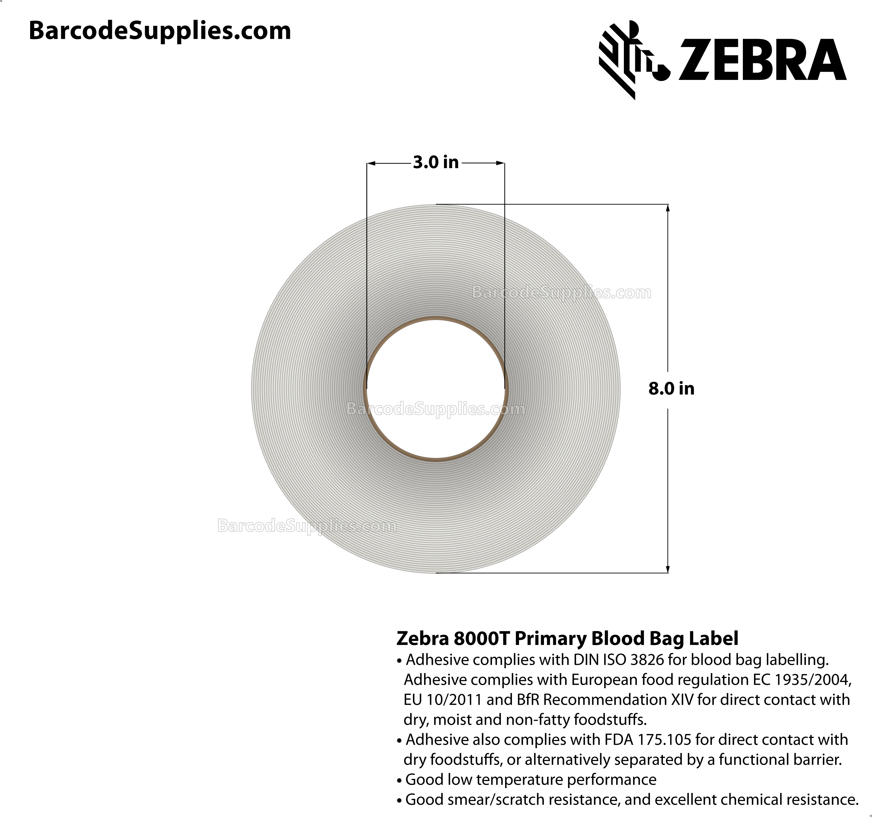 4 x 4 Thermal Transfer White 8000T Primary Blood Bag Label Labels With All-Temp Adhesive - ISBT128 Primary Blood Bag Label - Perforated - 1110 Labels Per Roll - Carton Of 4 Rolls - 4440 Labels Total - MPN: HC10000688