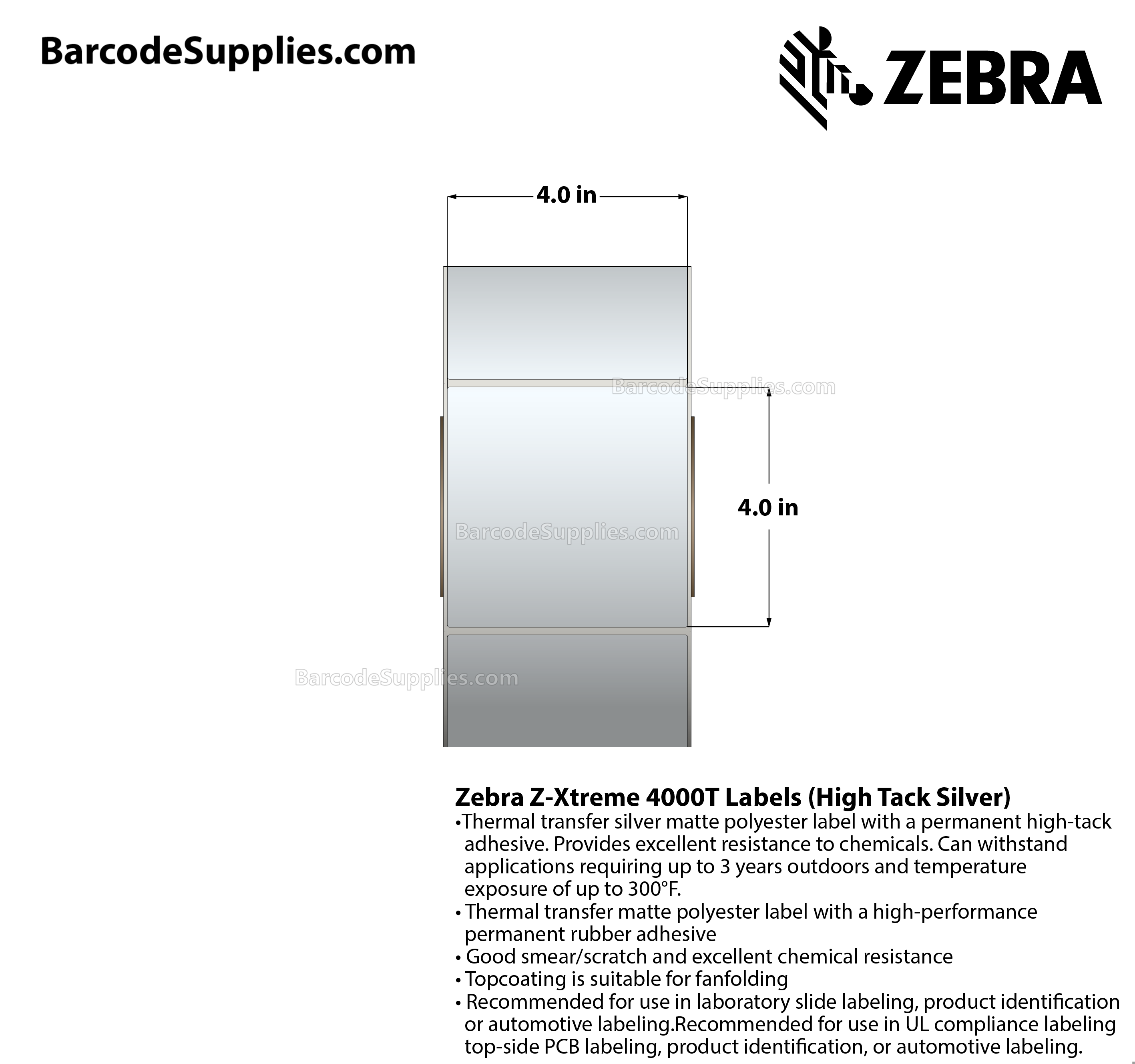 4 x 4 Thermal Transfer Silver Z-Xtreme 4000T High-Tack Silver Labels With High-tack Adhesive - Perforated - 1000 Labels Per Roll - Carton Of 1 Rolls - 1000 Labels Total - MPN: 10023183