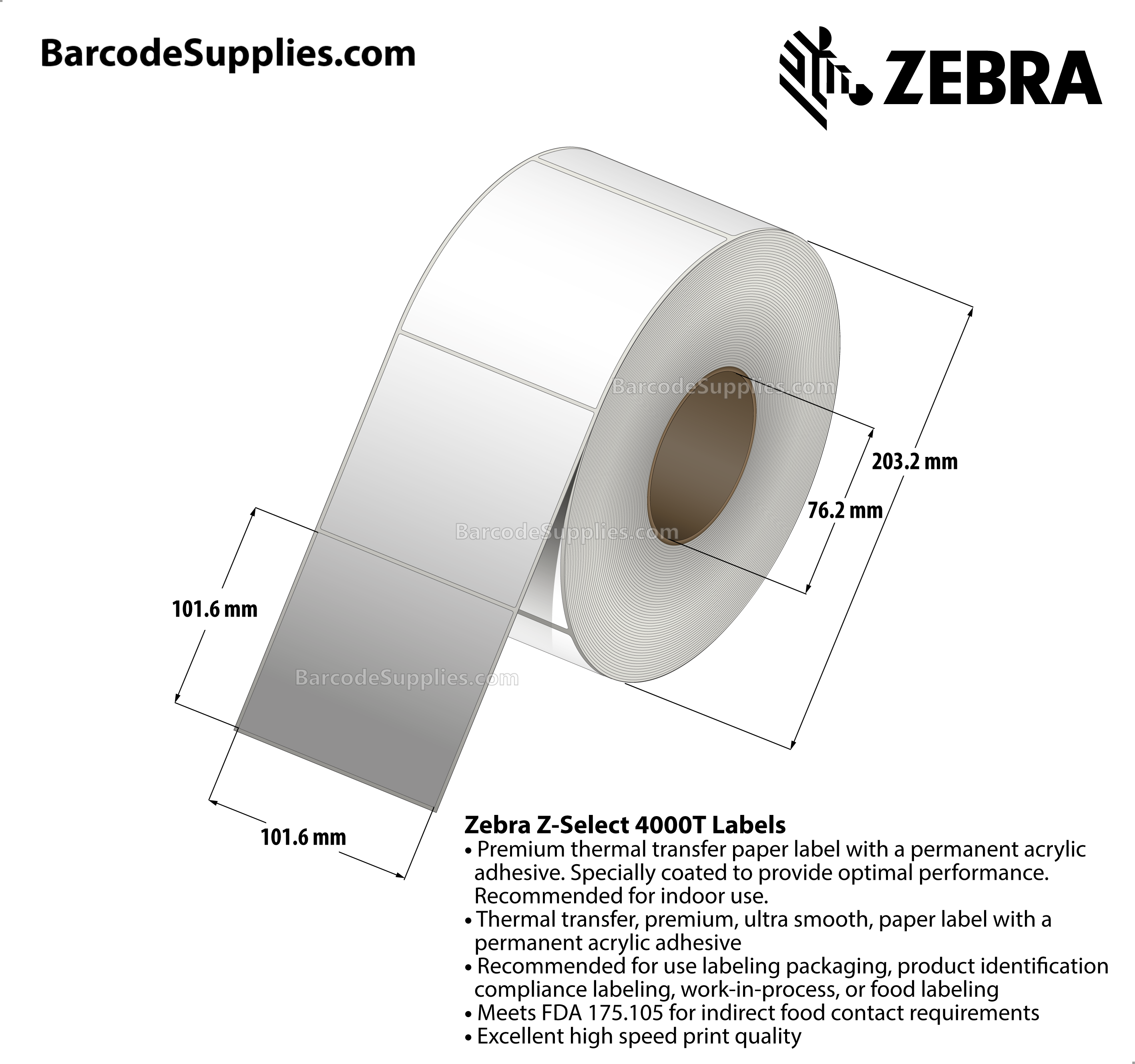 4 x 4 Thermal Transfer White Z-Select 4000T Labels With Permanent Adhesive - Not Perforated - 1410 Labels Per Roll - Carton Of 4 Rolls - 5640 Labels Total - MPN: 72292