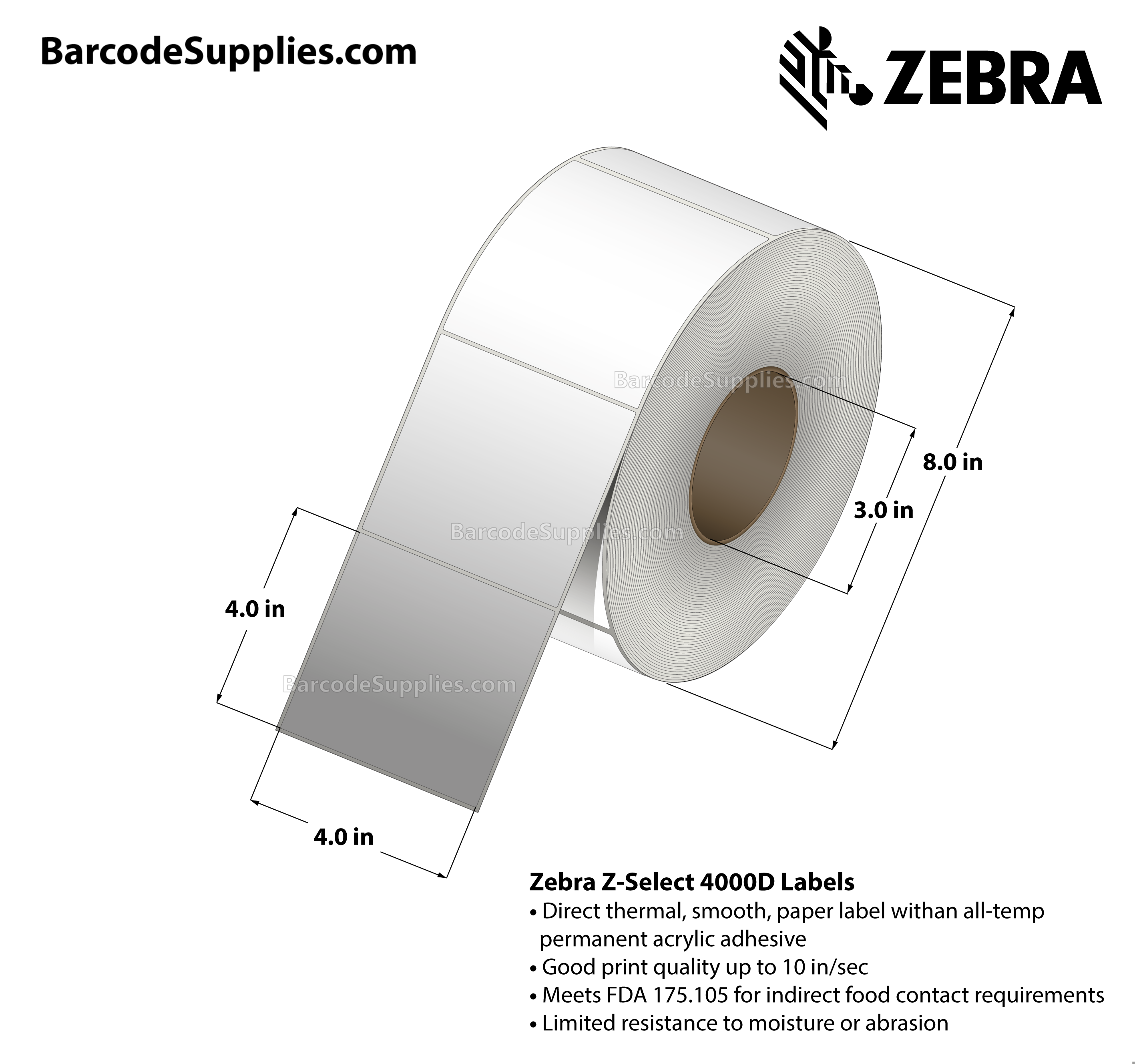 4 x 4 Direct Thermal White Z-Select 4000D Labels With All-Temp Adhesive - Not Perforated - 1400 Labels Per Roll - Carton Of 4 Rolls - 5600 Labels Total - MPN: 82801