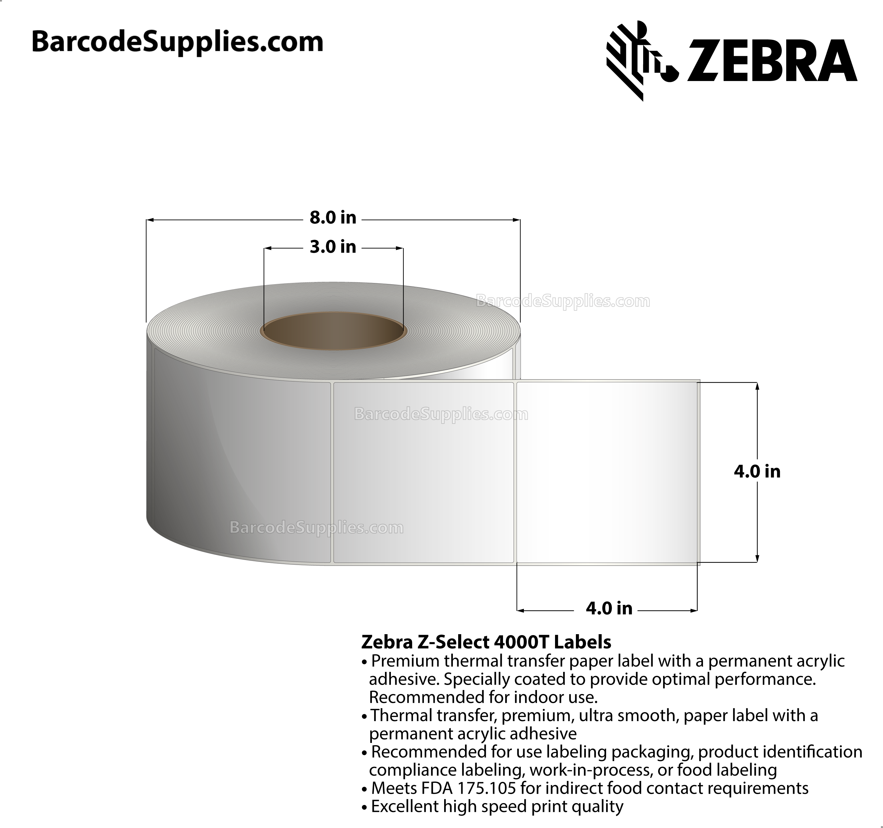 4 x 4 Thermal Transfer White Z-Select 4000T Labels With Permanent Adhesive - Not Perforated - 1410 Labels Per Roll - Carton Of 4 Rolls - 5640 Labels Total - MPN: 72292