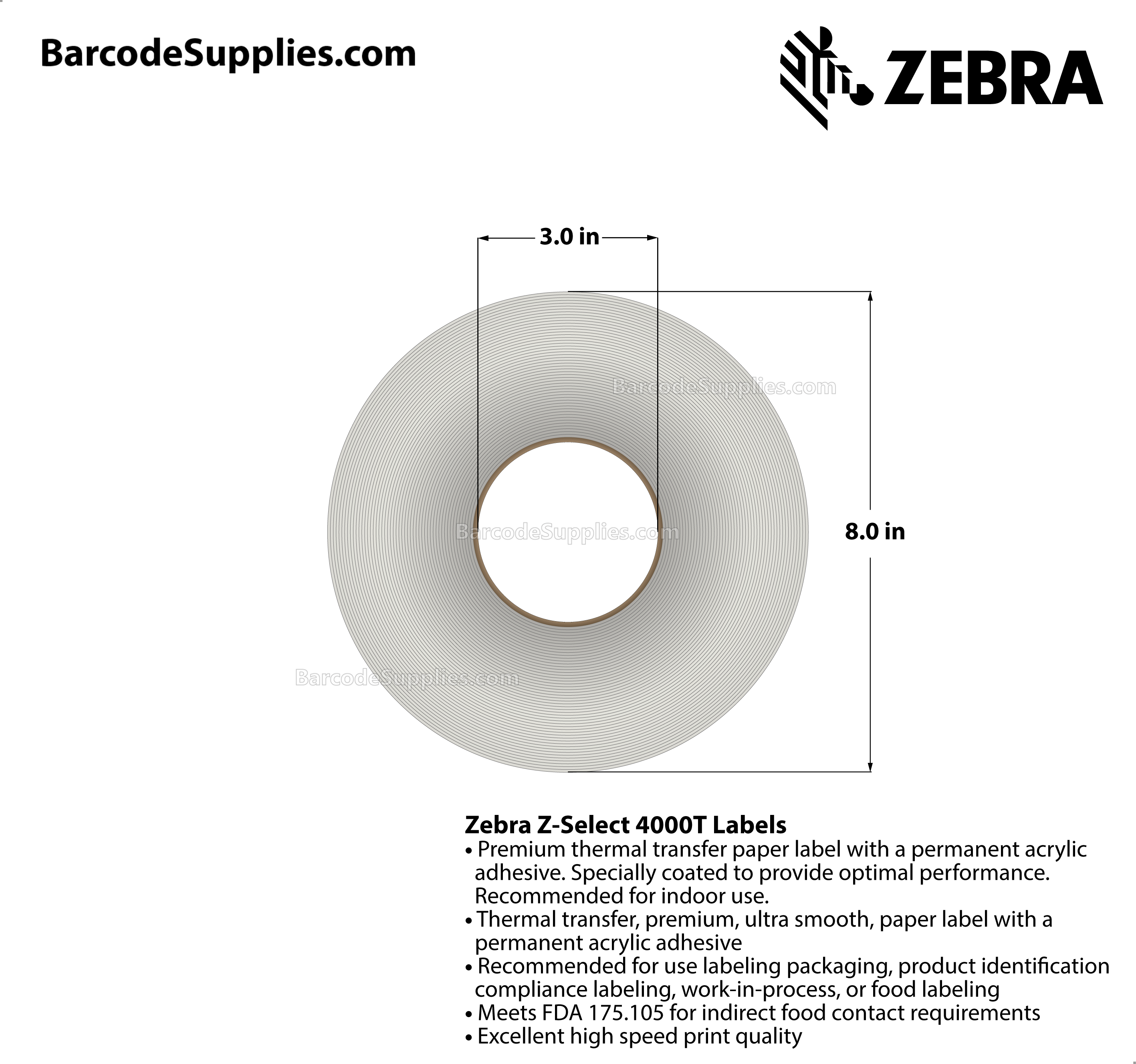 4 x 4 Thermal Transfer White Z-Select 4000T Labels With Permanent Adhesive - Not Perforated - 1410 Labels Per Roll - Carton Of 4 Rolls - 5640 Labels Total - MPN: 72292