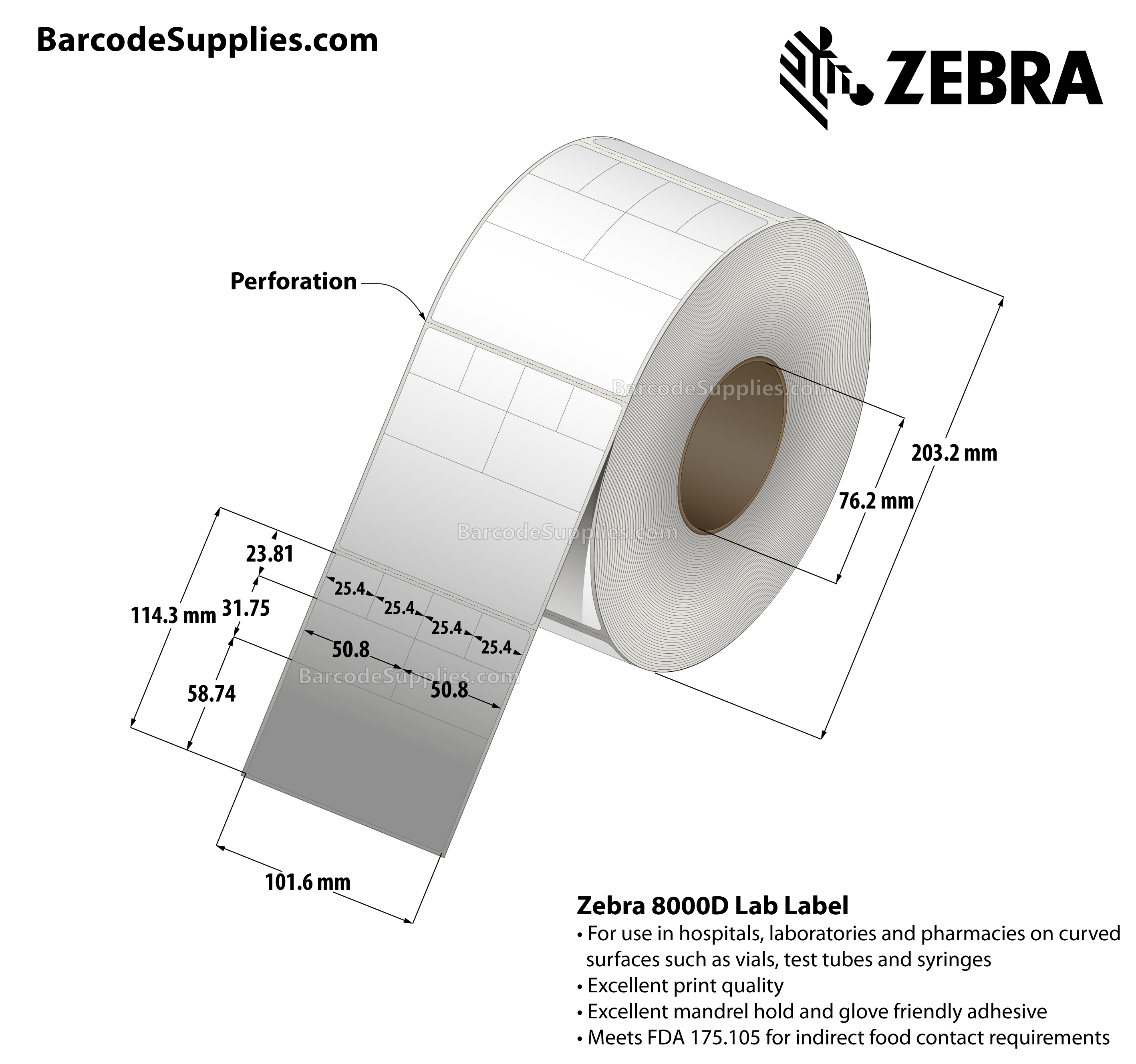 4 x 4.5 Direct Thermal White 8000D Lab Labels With Permanent Adhesive - Perforated - 1000 Labels Per Roll - Carton Of 2 Rolls - 2000 Labels Total - MPN: 10025353