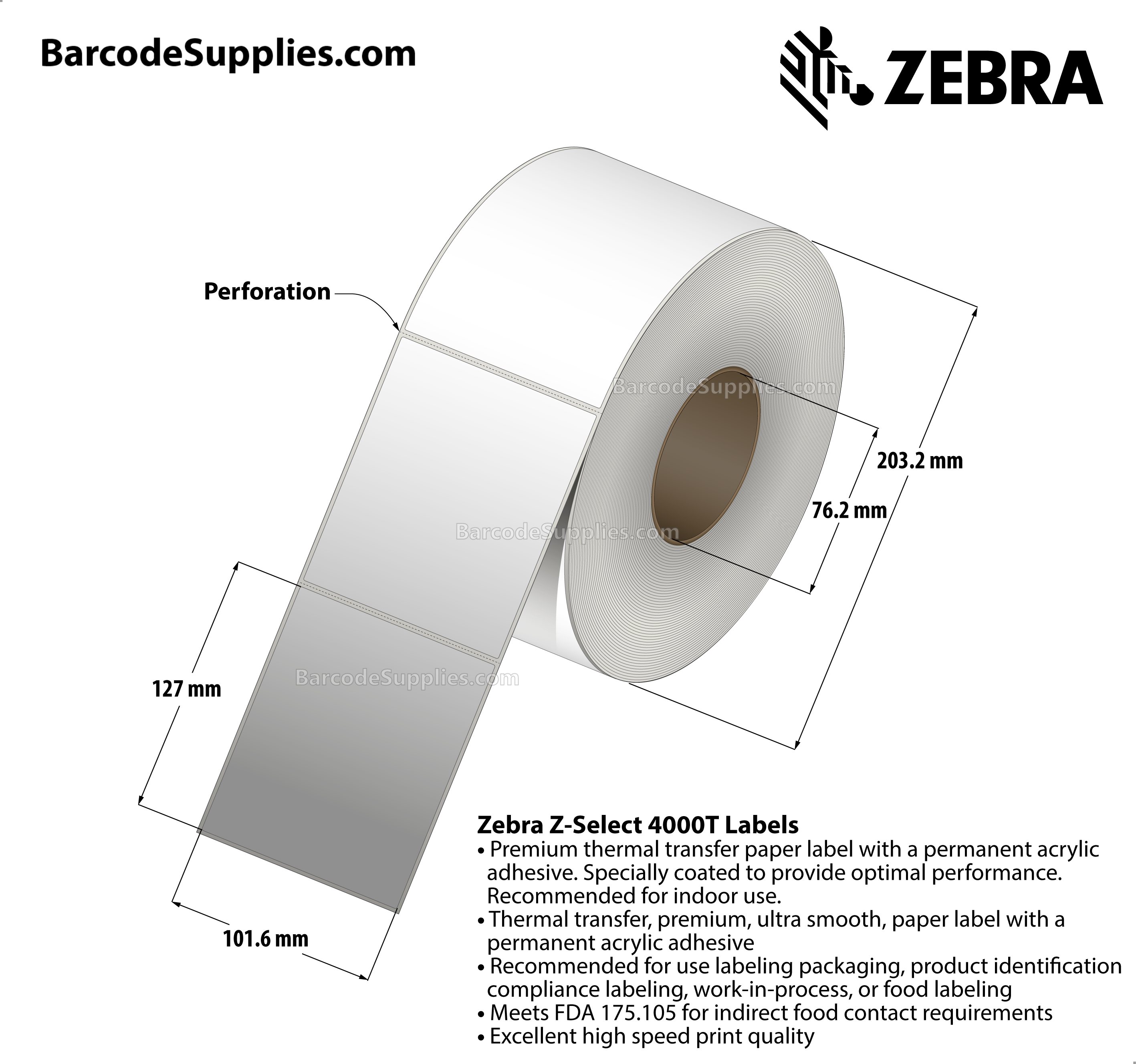 4 x 5 Thermal Transfer White Z-Select 4000T Labels With Permanent Adhesive - Perforated - 1365 Labels Per Roll - Carton Of 4 Rolls - 5460 Labels Total - MPN: 800640-505