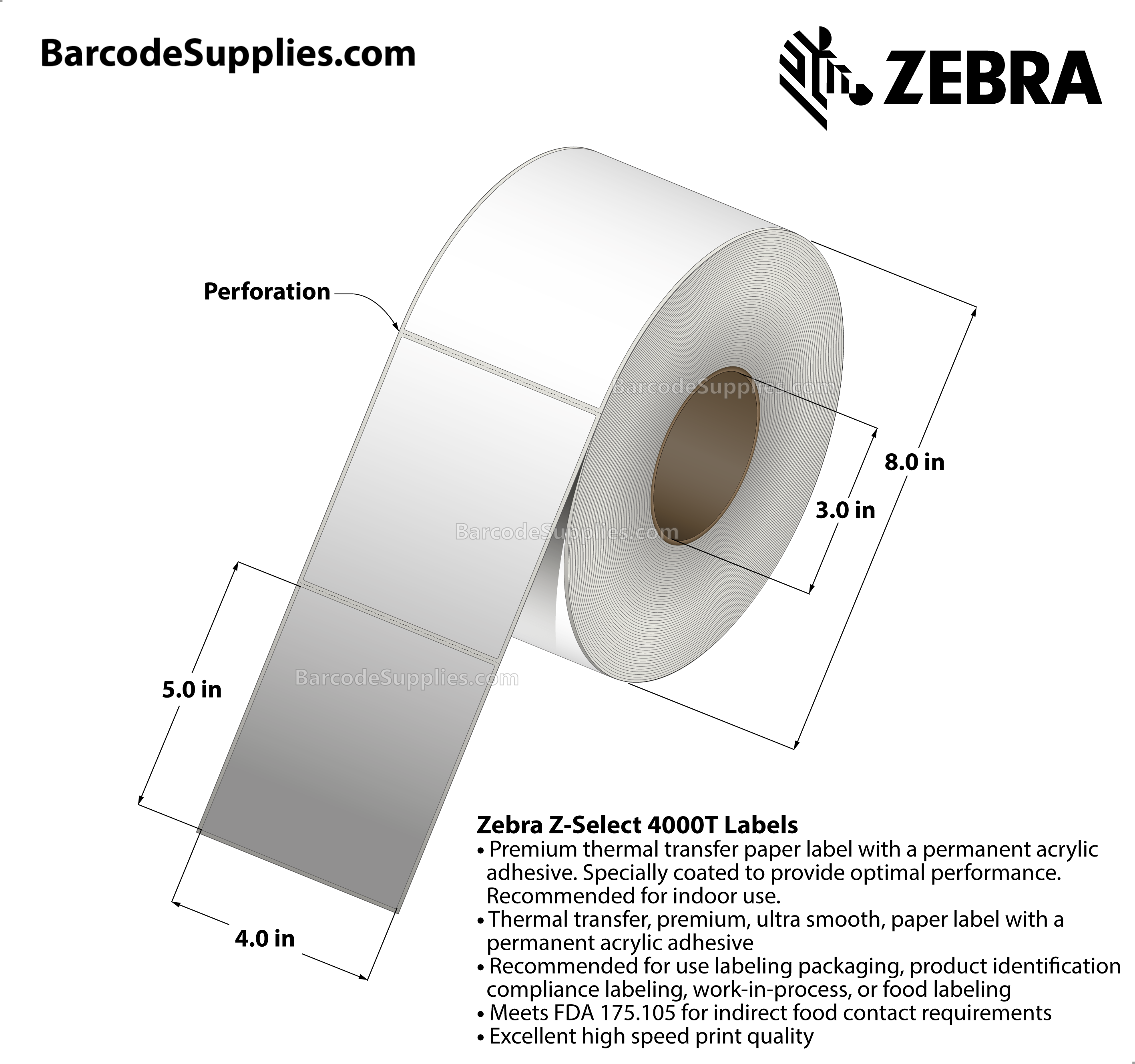 4 x 5 Thermal Transfer White Z-Select 4000T Labels With Permanent Adhesive - Perforated - 1365 Labels Per Roll - Carton Of 4 Rolls - 5460 Labels Total - MPN: 800640-505