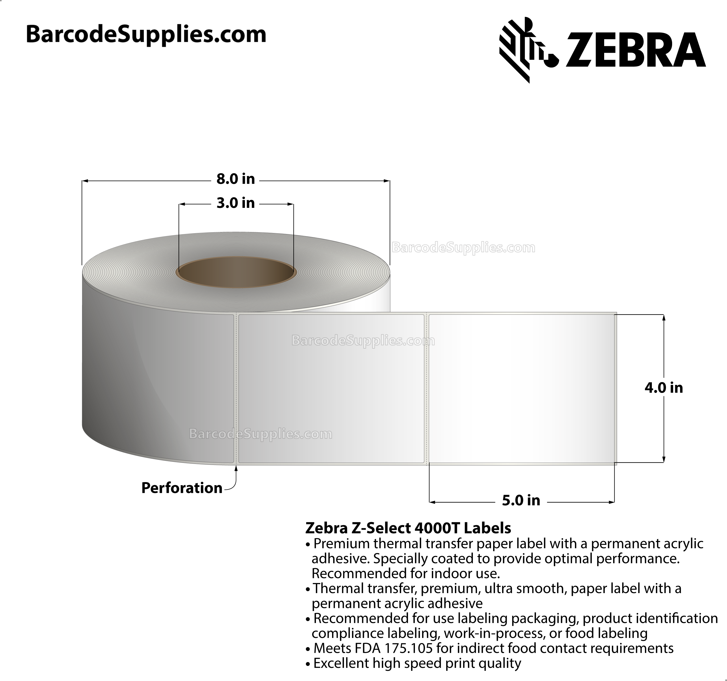 4 x 5 Thermal Transfer White Z-Select 4000T Labels With Permanent Adhesive - Perforated - 1365 Labels Per Roll - Carton Of 4 Rolls - 5460 Labels Total - MPN: 800640-505